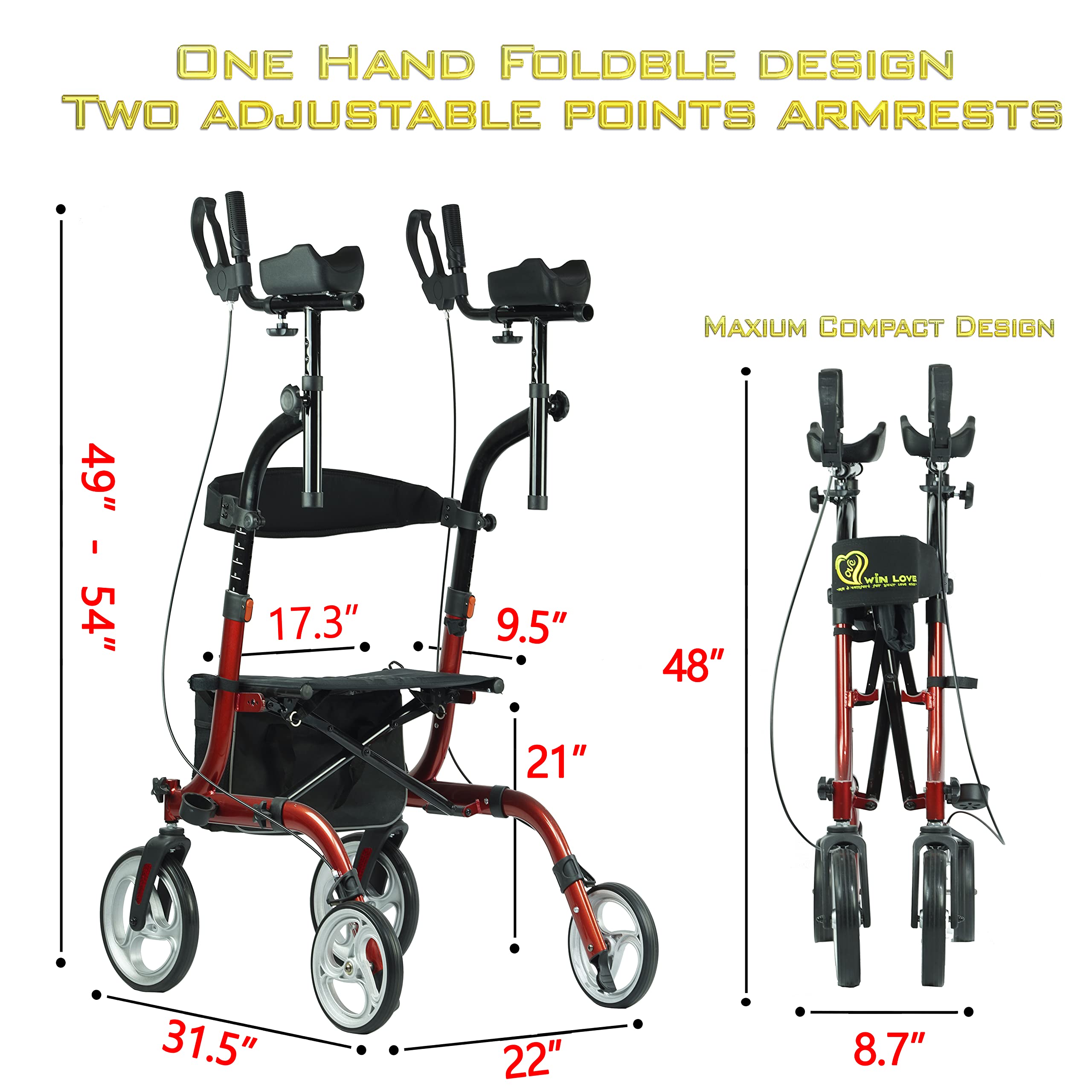 WINLOVE Upright Rollator Walkers for Seniors Stand Up Aluminium Tall Walker Light Weight for Rolling Mobility Walking Aids Orange