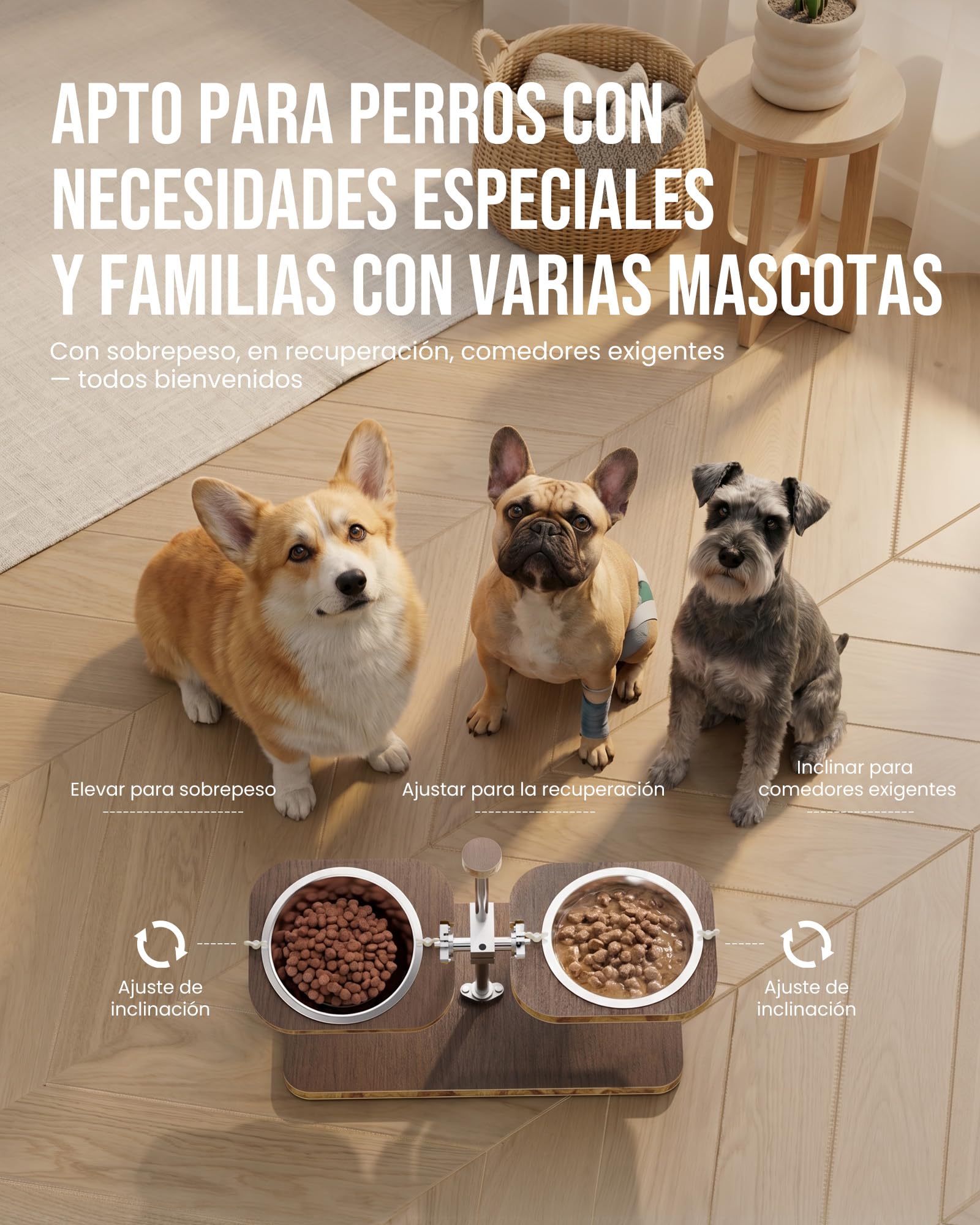 kittyspout Comedero Elevado para Perros con Altura e inclinación Ajustables | Soporte de madera FSC clase E0, 2 cuencos de acero inoxidable aptos para lavavajillas, base antideslizante