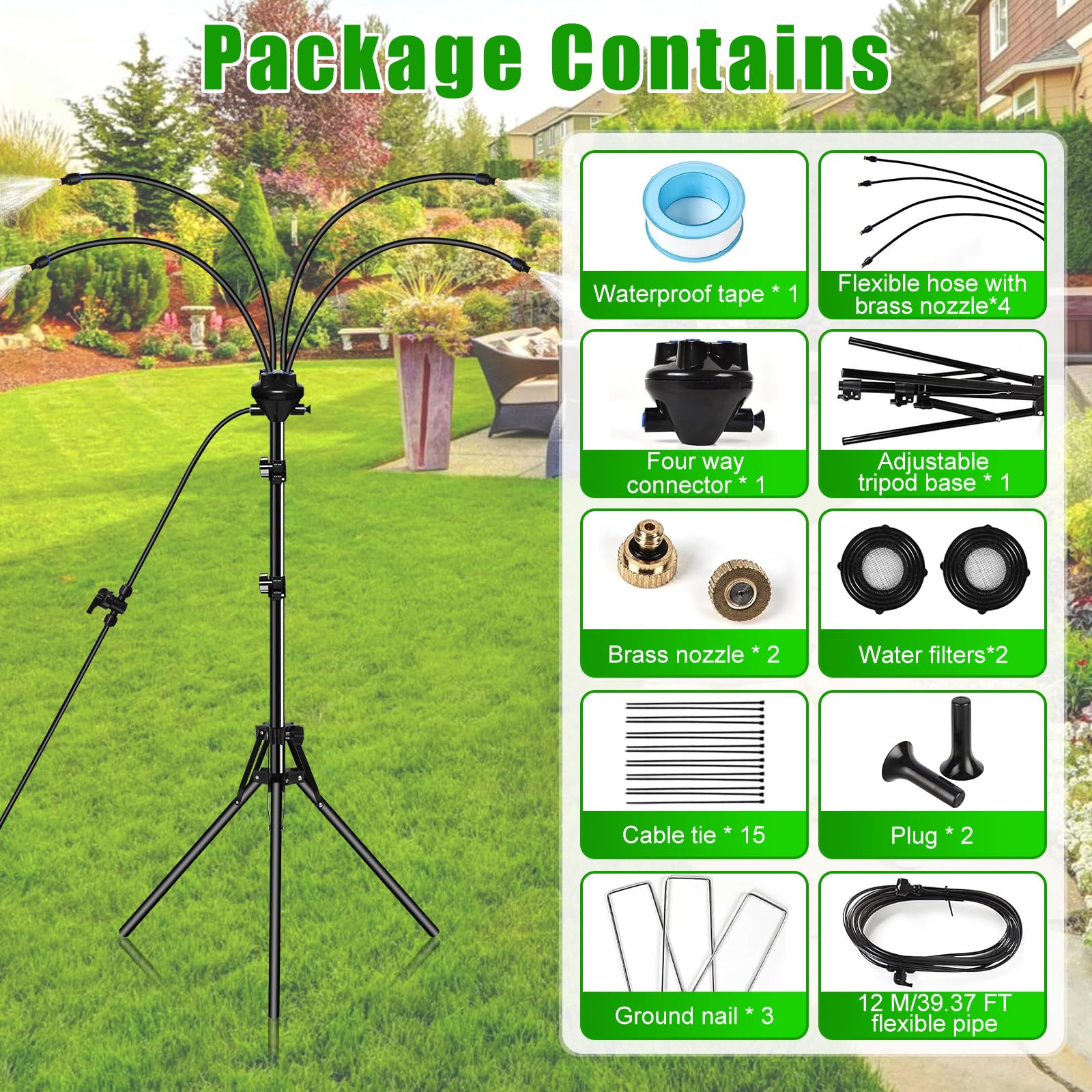 Stehend Sprühnebel Kühlung Bewässerungssystem, Outdoor Fan Misting System, Wassernebel Kühlsystem mit 8m Wasserleitung, Wasserzerstäuber für Terrasse, Garten, Rasen