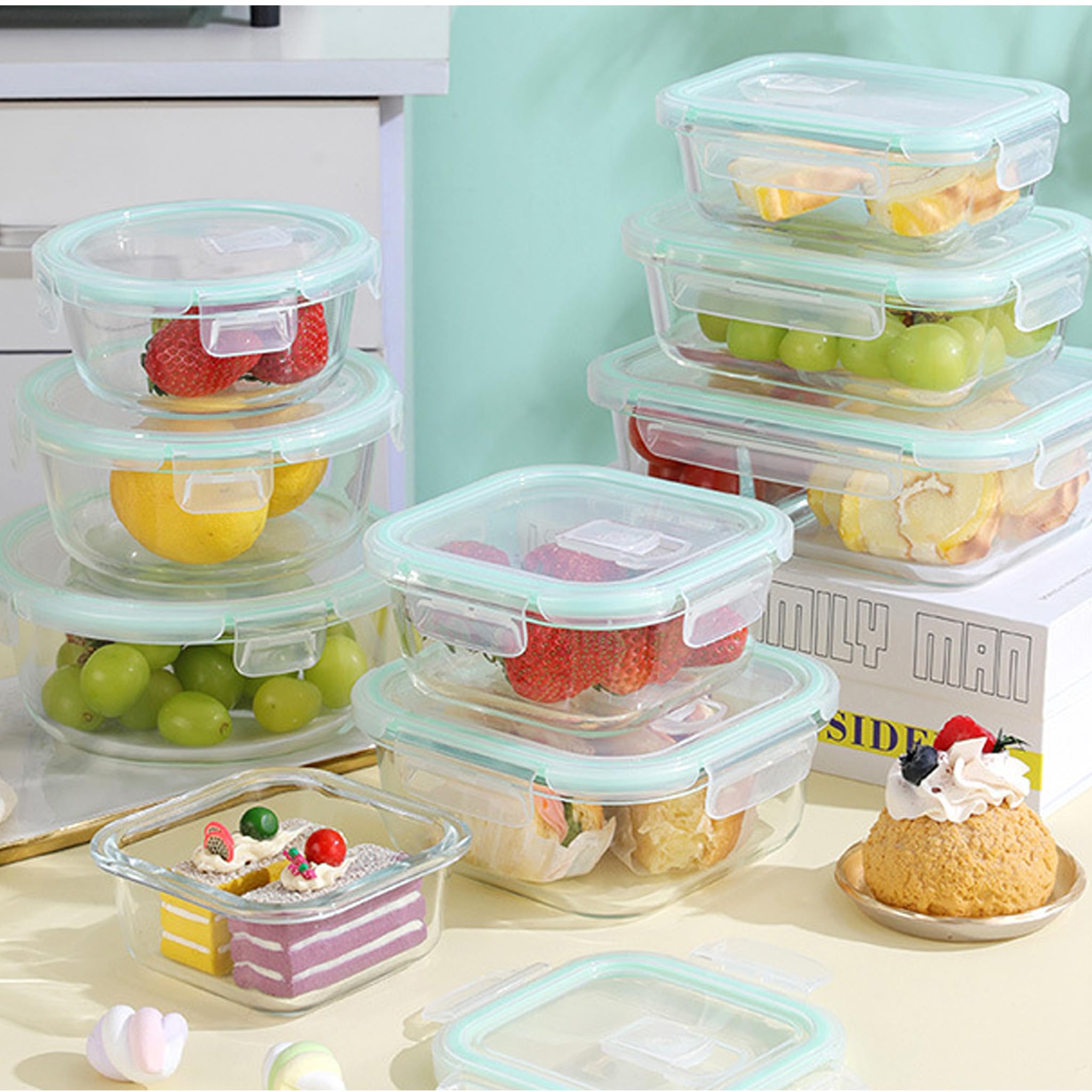 Lot de 24 récipients en verre avec couvercle, compensation de pression et joint en silicone – Passe au lave-vaisselle, au micro-ondes, hermétique pour la préparation de repas (320 x 2 + 370