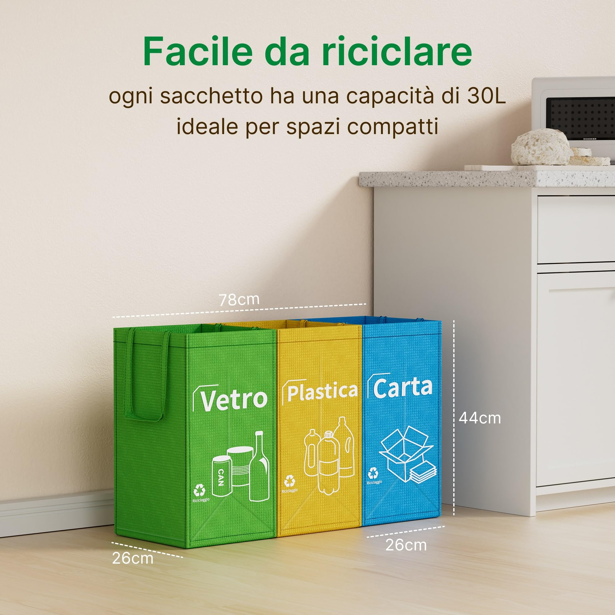 Opret Borse Raccolta Differenziata 30L, 3 Contenitori Raccolta Differenziata Interno, Bidoni Differenziata da Interno per Il Riciclaggio di Carta, Plastica e Vetro
