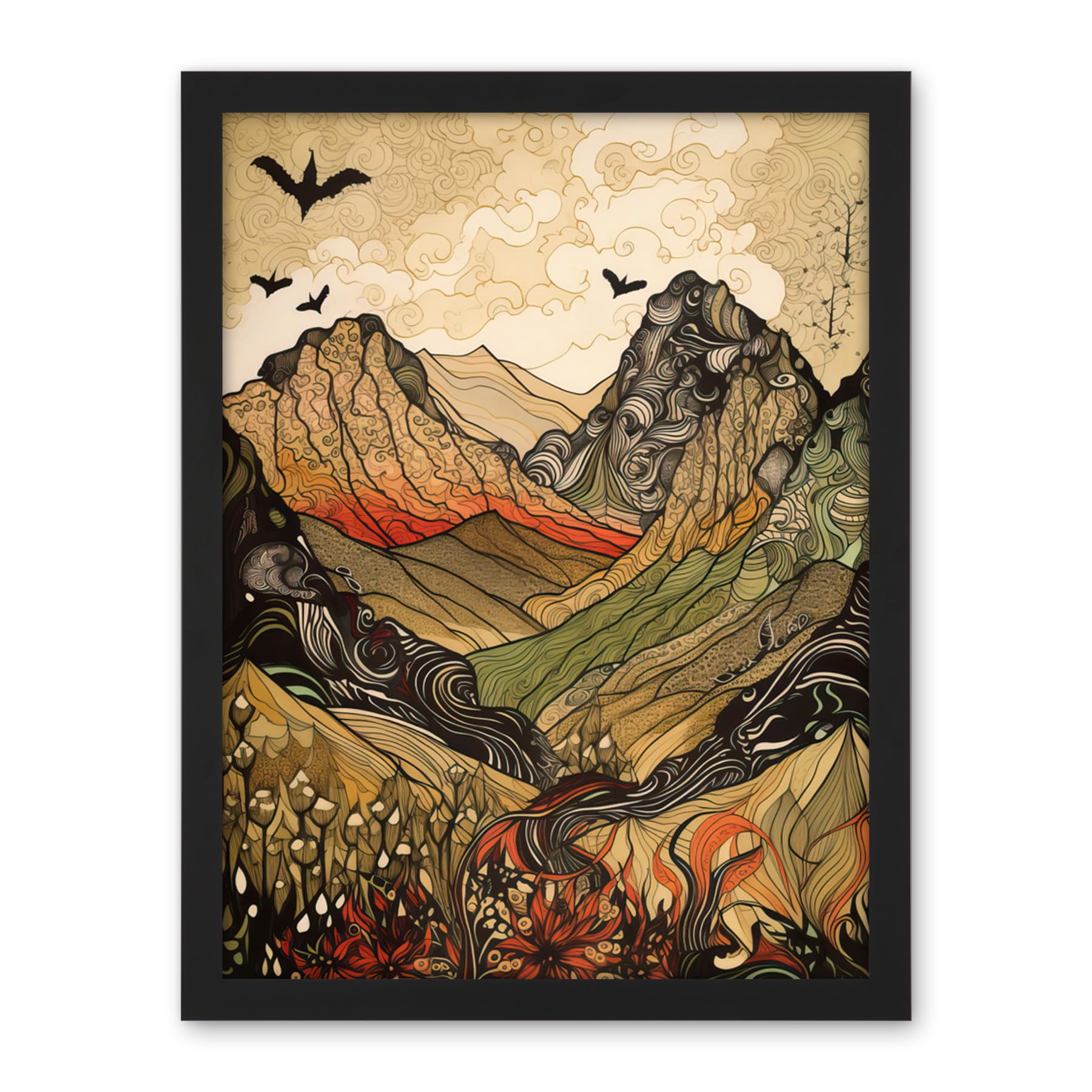 Artery8 Mountain Landscape Multicoloured Pattern Linocut Artwork Framed Wall Art Print 18X24 Inch