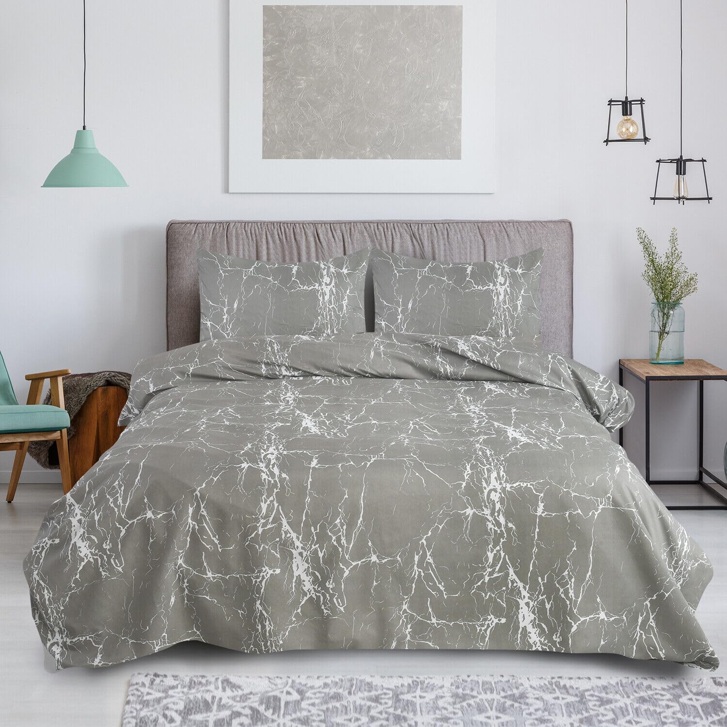CHARKHAH 4 Piece Reversible Printed Bedding Set Includes 1 Duvet Cover, 1 Deep Fitted Sheet & 2 Pillowcases – Soft Microfibre Easy Care Quilt Cover Set for All Seasons (Marble Grey, King) — image 1