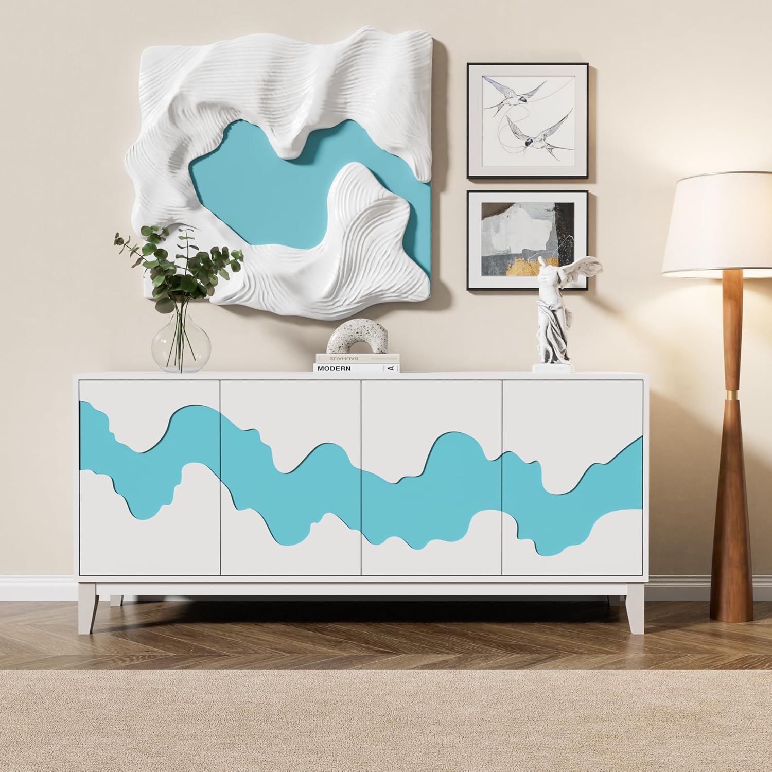 Anbuy Modern 4 Door Sideboard Buffet Cabinet with Storage Blue Water Stream Design - Versatile Storage Solution for Kitchen, Living Room, Bedroom, Coffee Bar (White and Blue)