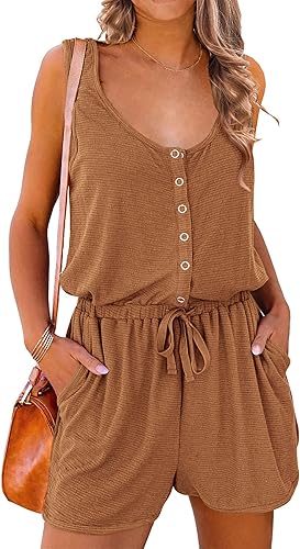 PRETTYGARDEN Overol corto casual de verano para mujer, con cuello redondo y botones, sin mangas, con bolsillos