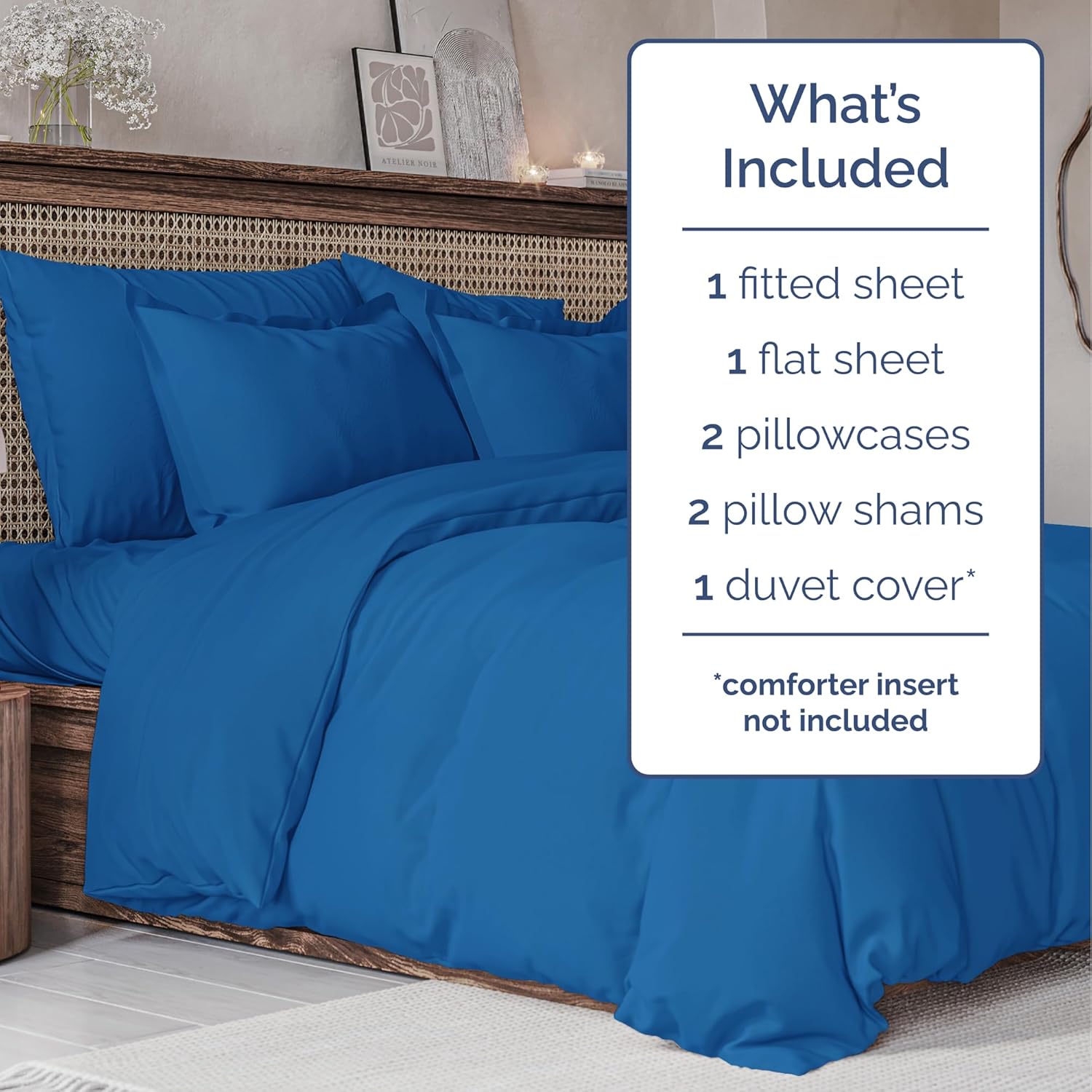4pc Royal Blue Sheet Set with Duvet (Queen Size) Bundle - Bed Set Includes Fitted Sheet, Flat Sheet, Duvet Cover & Pillow Cases/Shams - Hotel Luxury Bedding - Easy-Fit - Breathable & Cooling Duvet Set