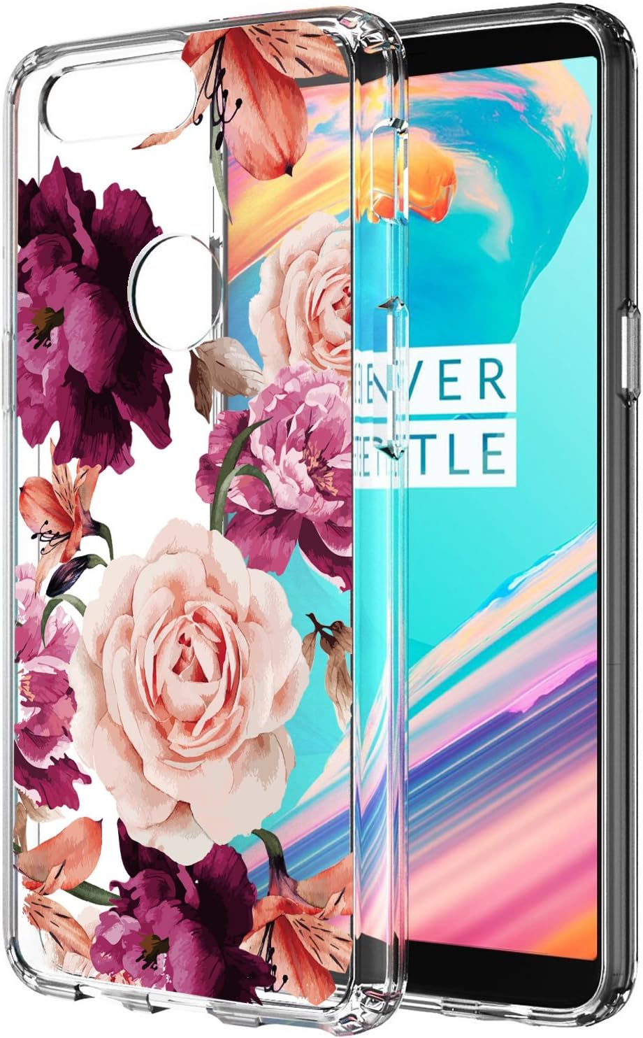 OnePlus 5t Case, 1+ 5T Case with Flowers BAISRKE Slim Shockproof Clear Floral Pattern Soft Flexible TPU Back Cover for OnePlus 5t [Purple Pink]
