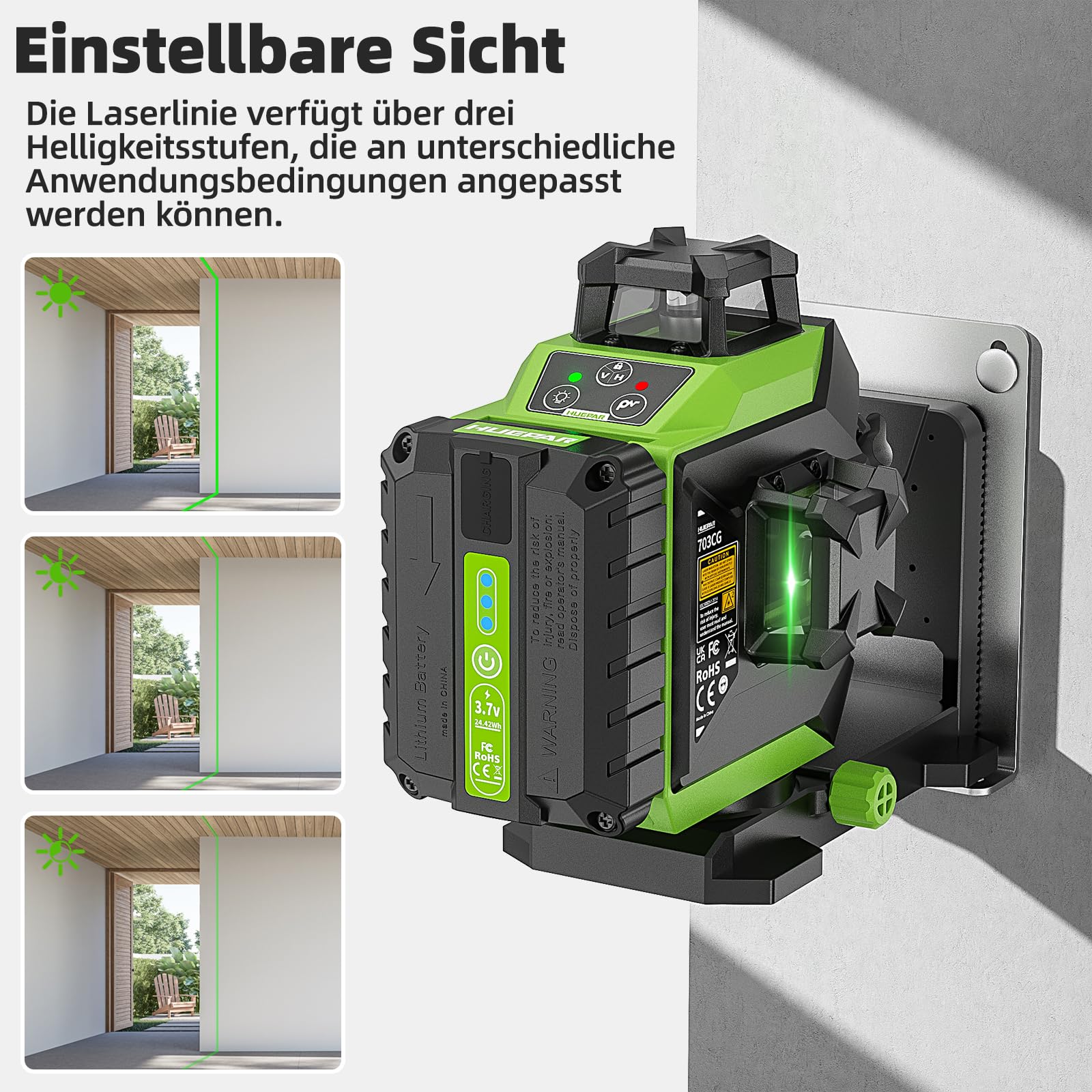 Huepar 3 x 360 Kreuzlinienlaser Selbstnivellierend, Laserwasserwaage grün 3D mit Pulsmodus, 12 laserliner mit wiederaufladbarem, integrierter Magnethalterung und Hartschalenkoffer 703CG