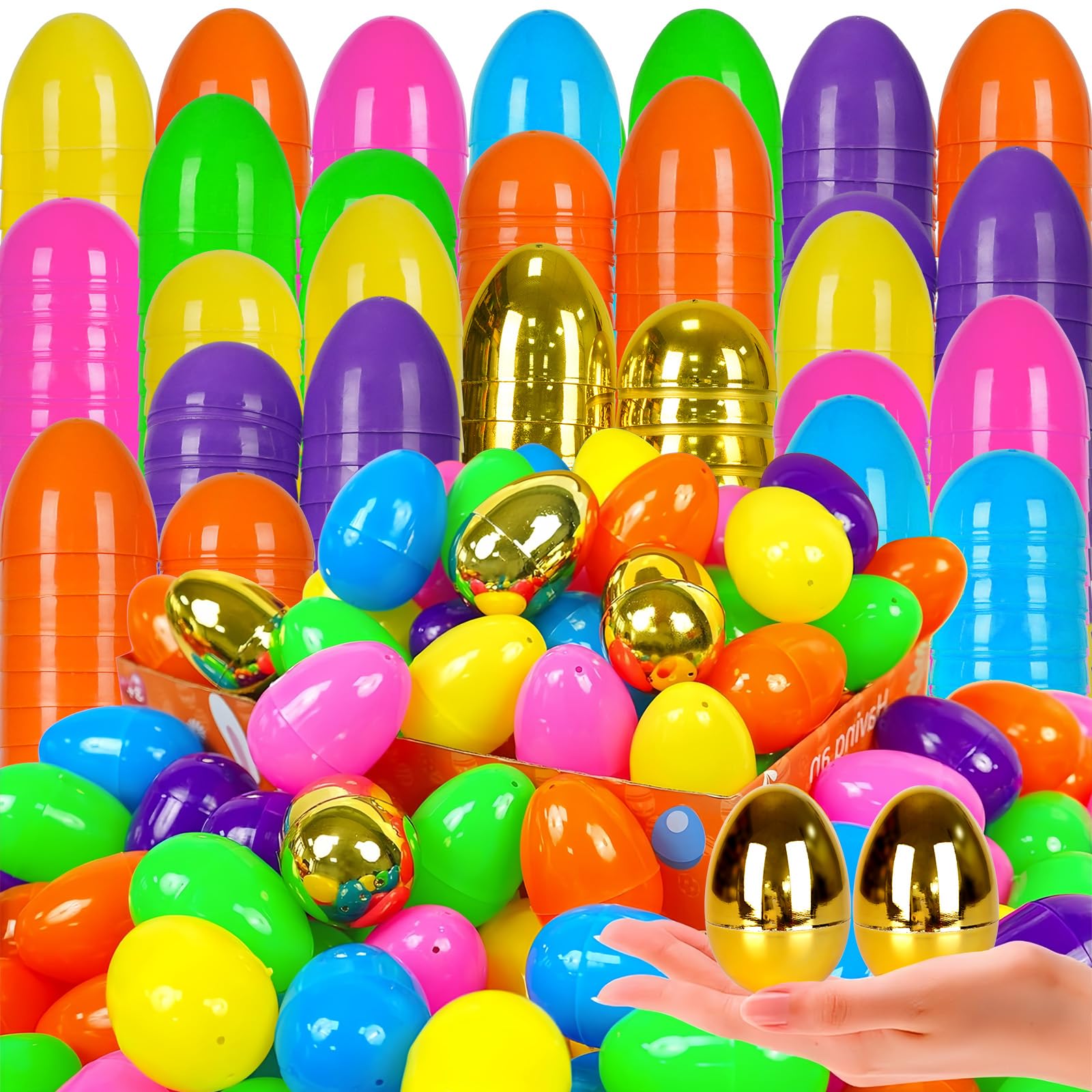 Photo 1 of Sufuplay 1000 PCS Easter Eggs?Plastic 2.4" Bright Colorful Eggs with Golden Eggs, Easter Egg Fillers for Easter Egg Hunt Candy Filling Party Decorations and Kids Gifts