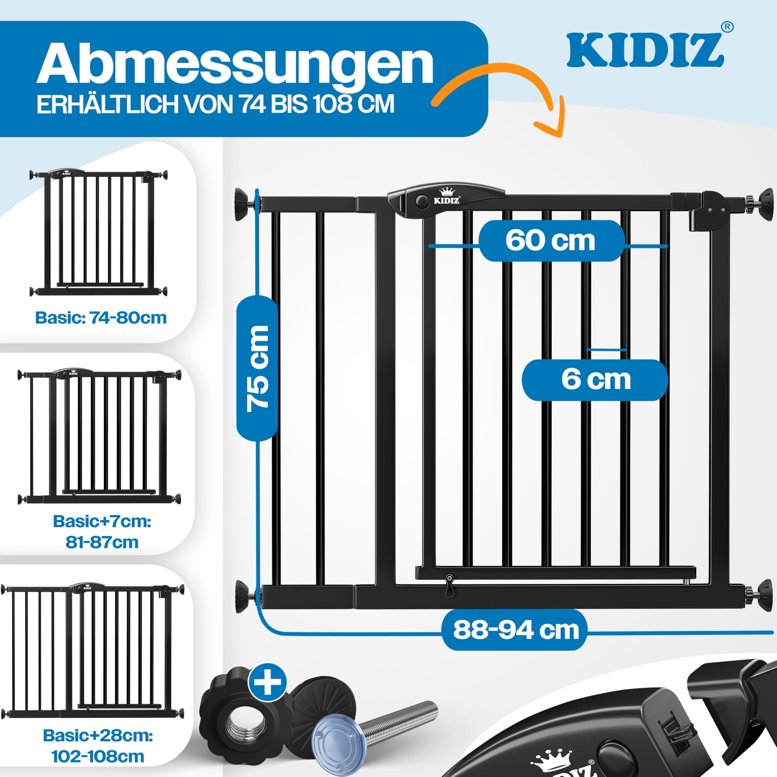 KIDIZ Barrière de sécurité d'escalier sans perçage | Largeur réglable : 88-94 cm, hauteur 75 cm, Barrière de sécurité de porte et barrière pour enfants et chiens, ouverture d'une seule main, système