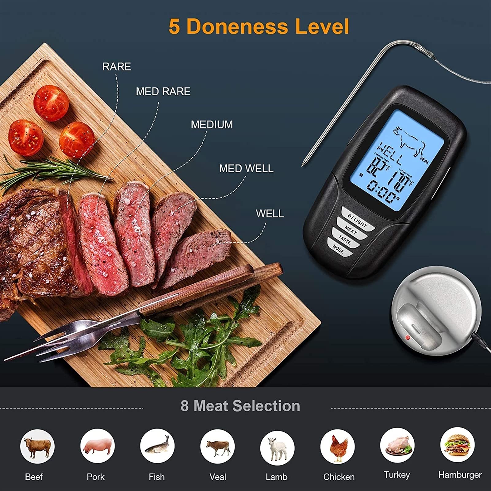 Termómetro de carne inalámbrica, termómetros de alimentos digitales remotos de 328 pies for el horno de la parrilla del fumador BARBACOA con la sonda y el monitor de temperatura del temporizador