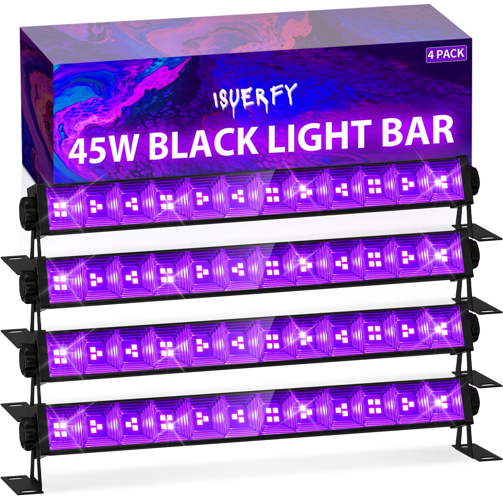 4 Pack 45W Black Light Bar with 6ft Cord+Switch, Each Light Up 25x25ft Area, LED Blacklight Flood Light for Neon Glow Party Body Paint Fluorescent Tapestry Poster Classroom Bedroom Halloween