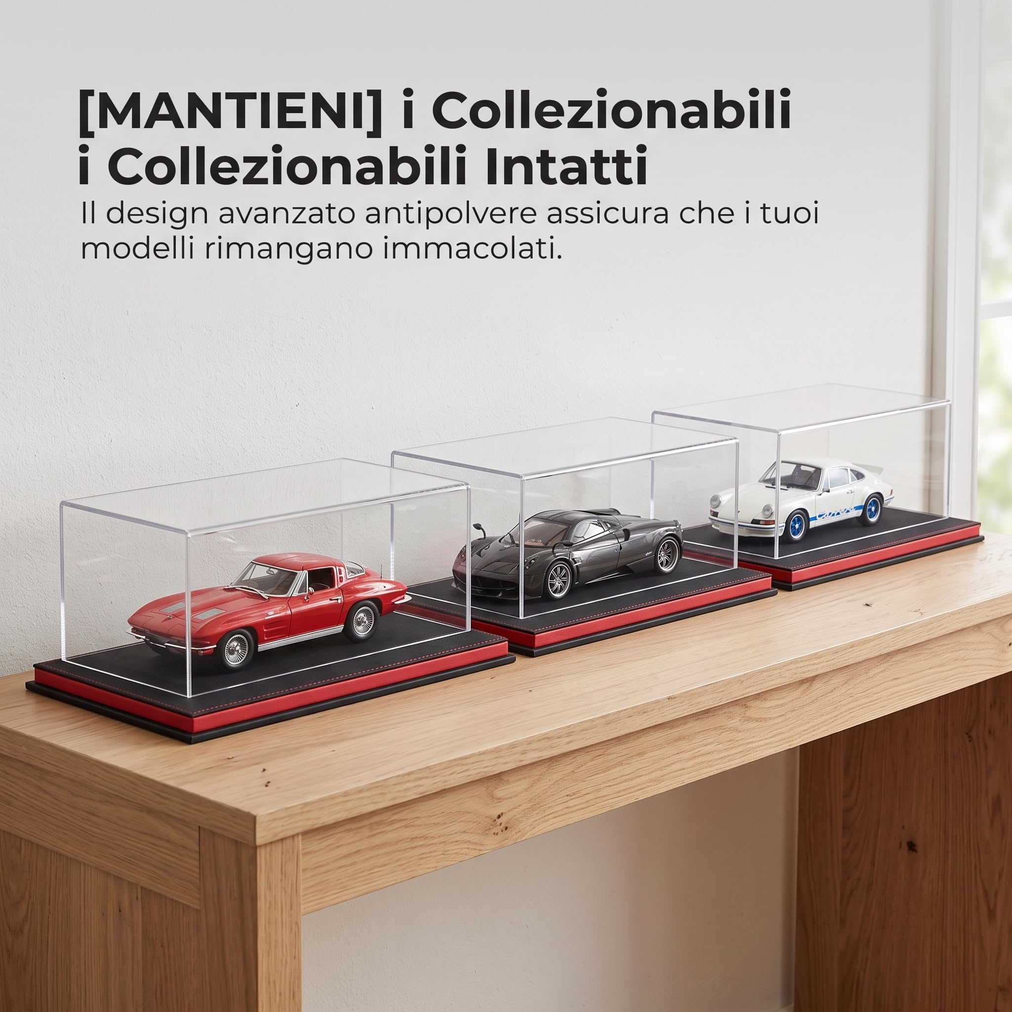 Vitrina expositora metacrilato Transparente para Coches 1:18, protección Antipolvo y Estilo japonés, para Escritorio , Negro y Rojo (Gamuza) , Base de Gamuza Negra y roja