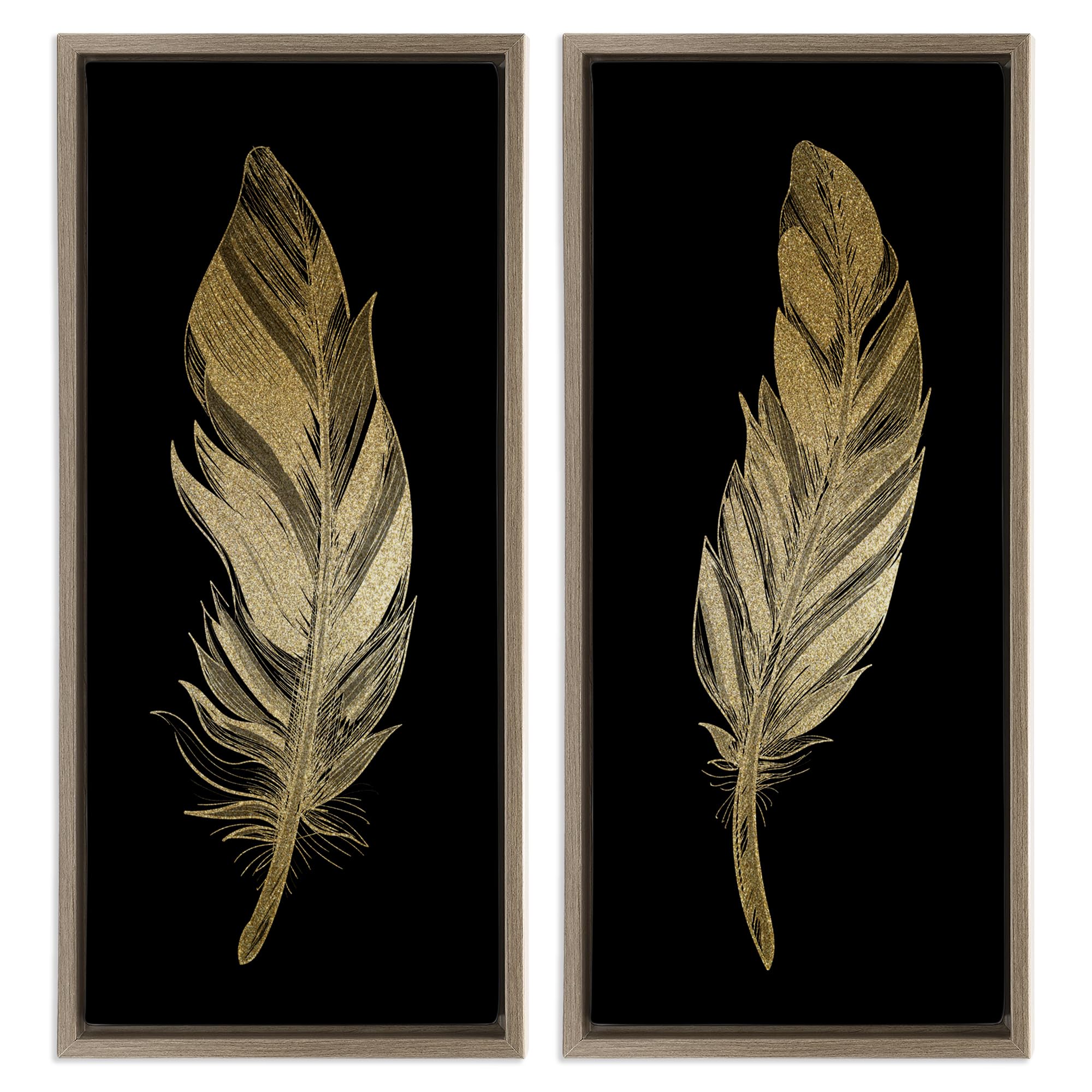 Stupell Industries Glam Detailed Feather 2 Piece Gray Framed Floater Canvas Set, design by Kim Allen, 25 x 11