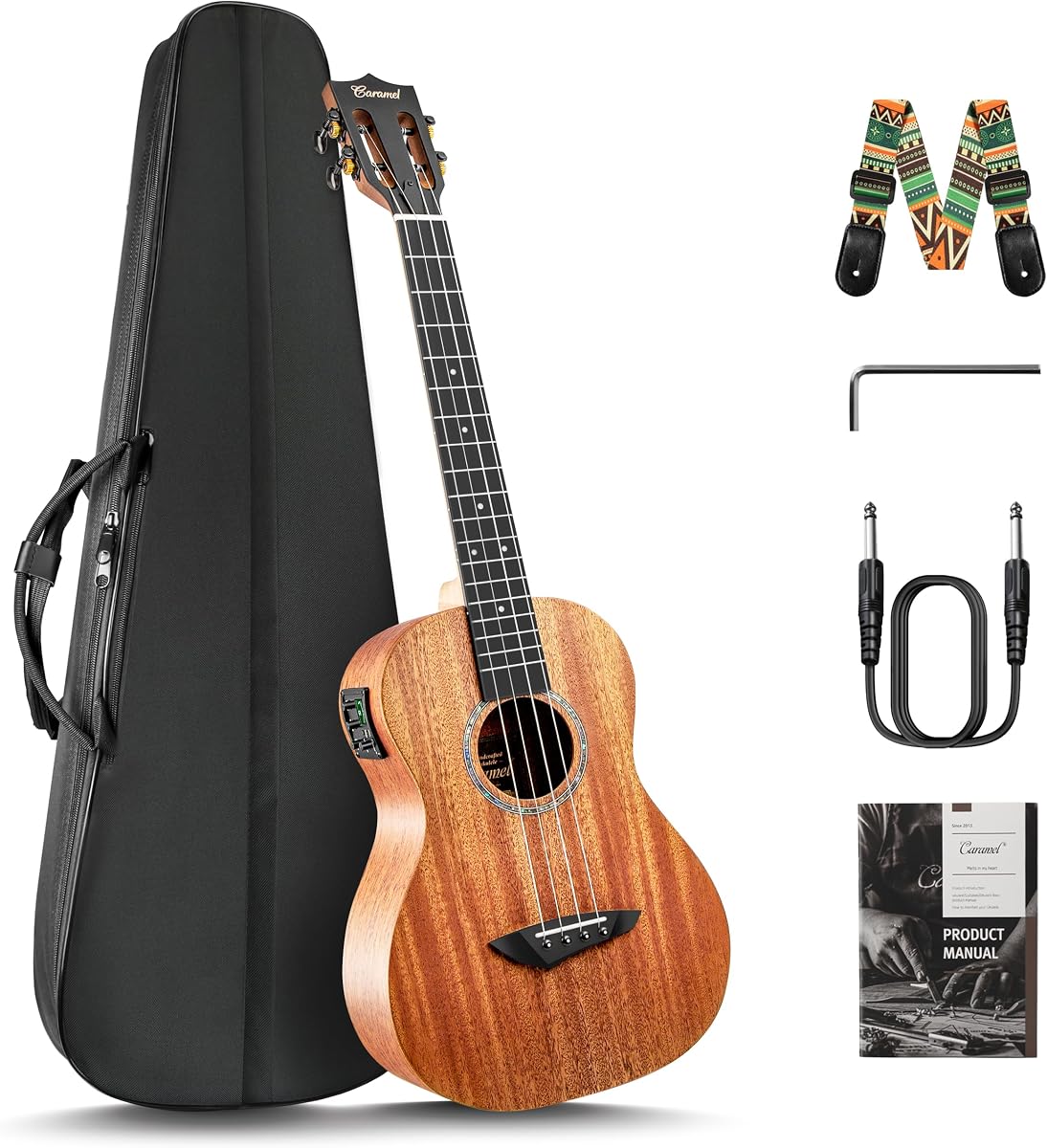 Caramel CB402 Baritone Electric All Solid Mahogany Wood Ukulele | 30'' Instrument Kit Small Hawaiian Guitar Beginner Starter Pack Bundle Gig bag, Strap, String Set