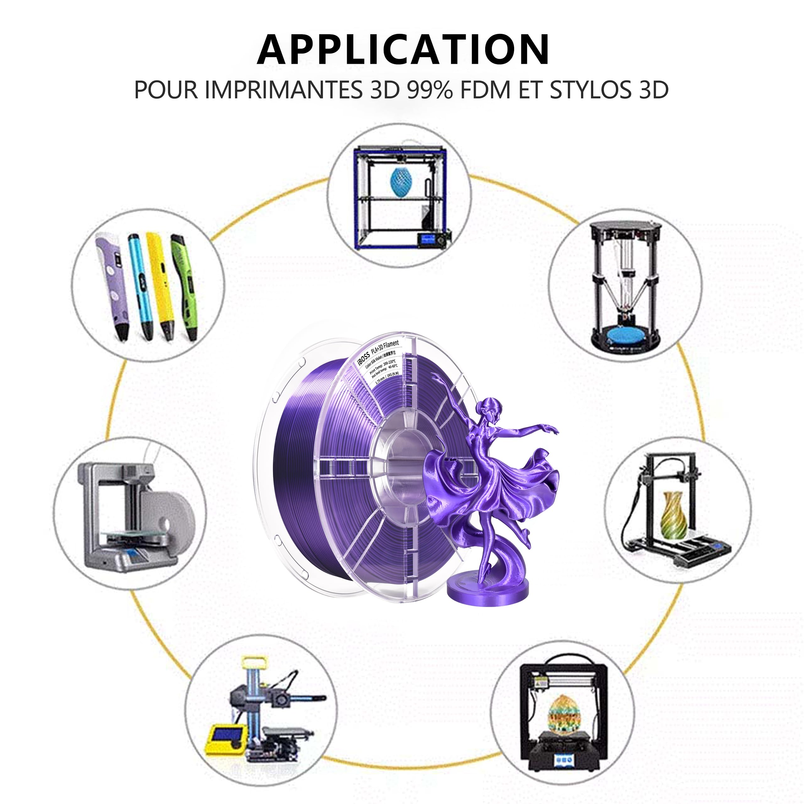 iBOSS Silk PLA+ filament 1,75 mm, gładki i błyszczący drut do drukarek 3D, dokładność wymiarowa ±0,02 mm, szpula 1 kg (2,2 funta), kompatybilny z większością drukarek 3D, Jedwabisty fiolet