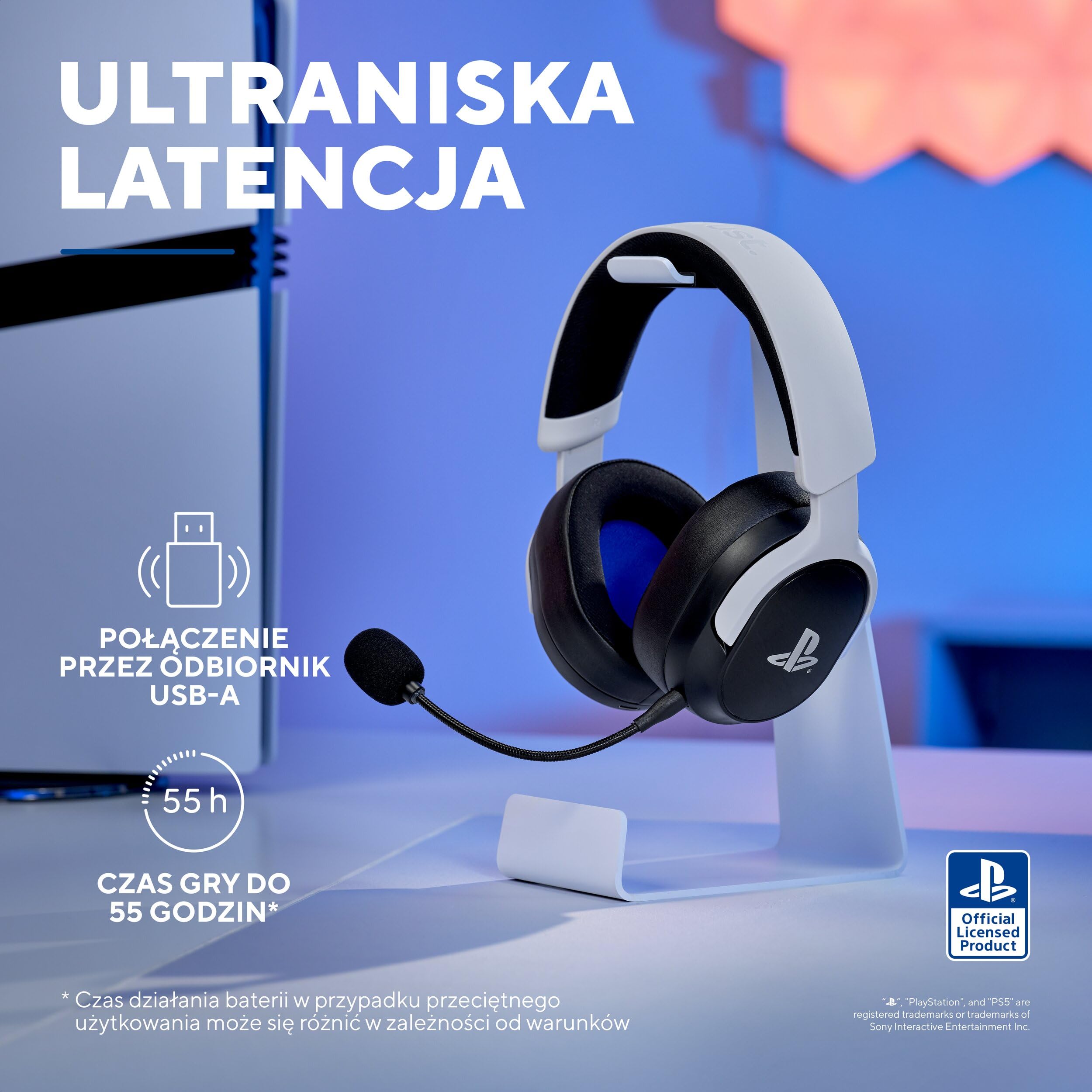 GXTrust Forta bezprzewodowe słuchawki gamingowe licencja PlayStation 5 | odbiornik USB 2,4 Ghz, przetworniki 50 mm, akumulator 55h, zestaw słuchawkowy do Gier PS5, czarny/biały