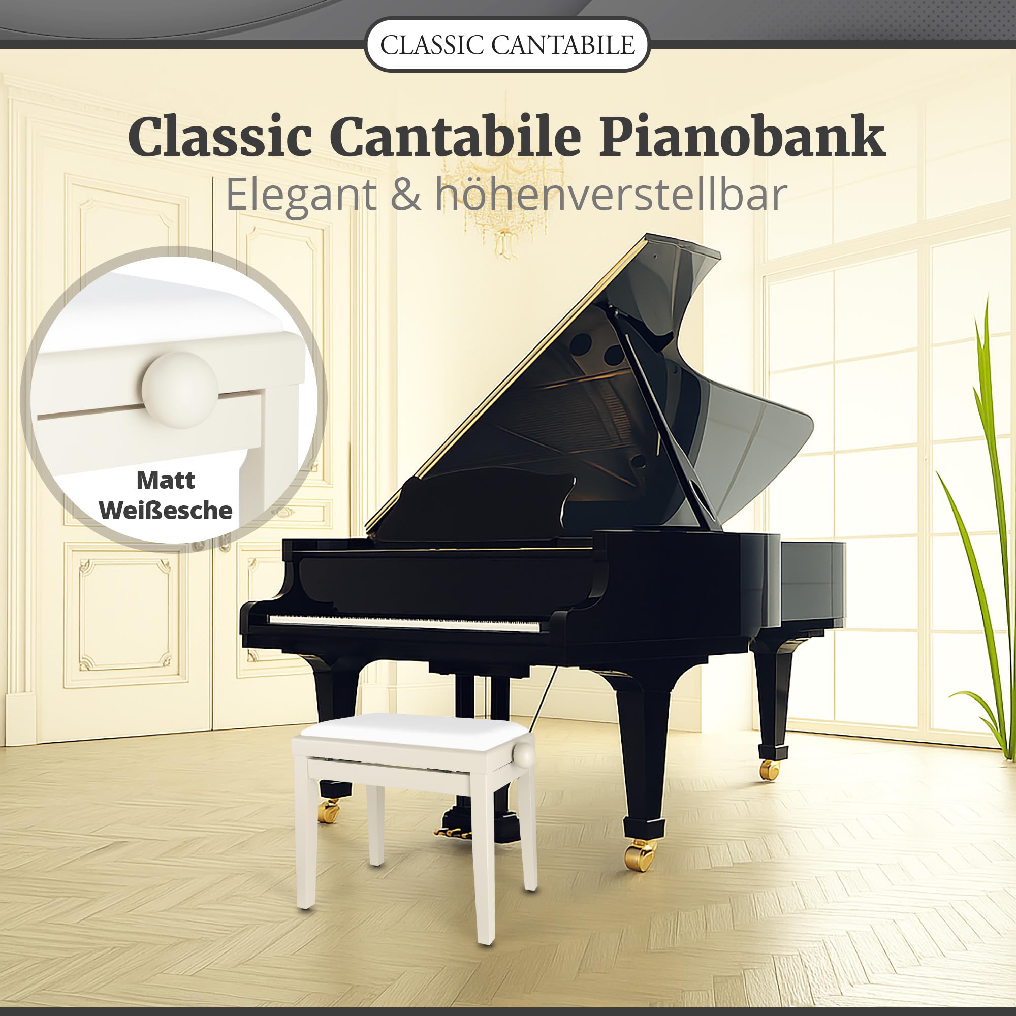 Classic Cantabile Pianobank (höhenverstellbar von 47-56cm, Spindelmechanik, Sitzfläche 55 x 32cm, weißer Velourbezug, stabil) Weißesche matt