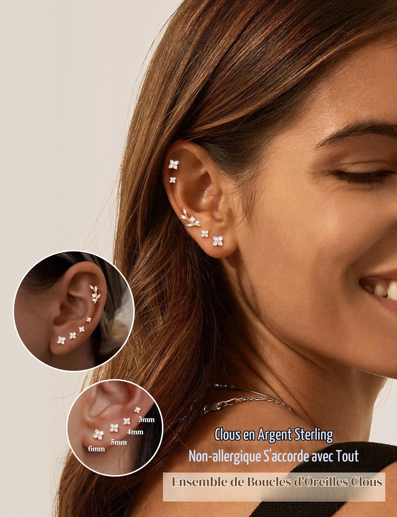 YADOCA 5 Paires Boucles d'Oreilles Femme, Boucles d'Oreilles Argent 925 | Hypoallergéniques Boucles d'Oreilles Or 14K Petit Fleur CZ, Piercing Oreille Cartilage Tragus Helix Piercing