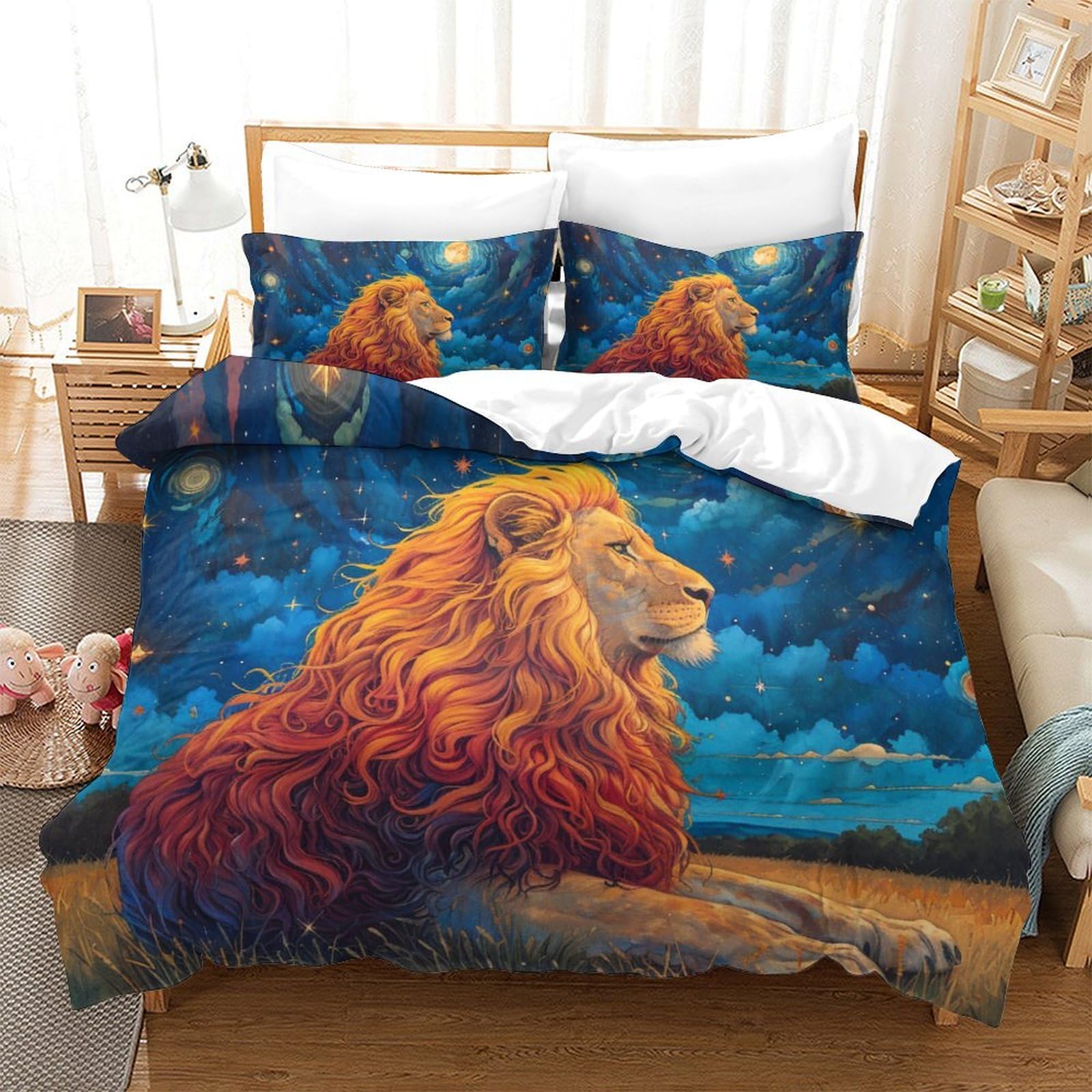 Ensemble de literie lion avec housse de couette 260x220 cm et taie d'oreiller en microfibre