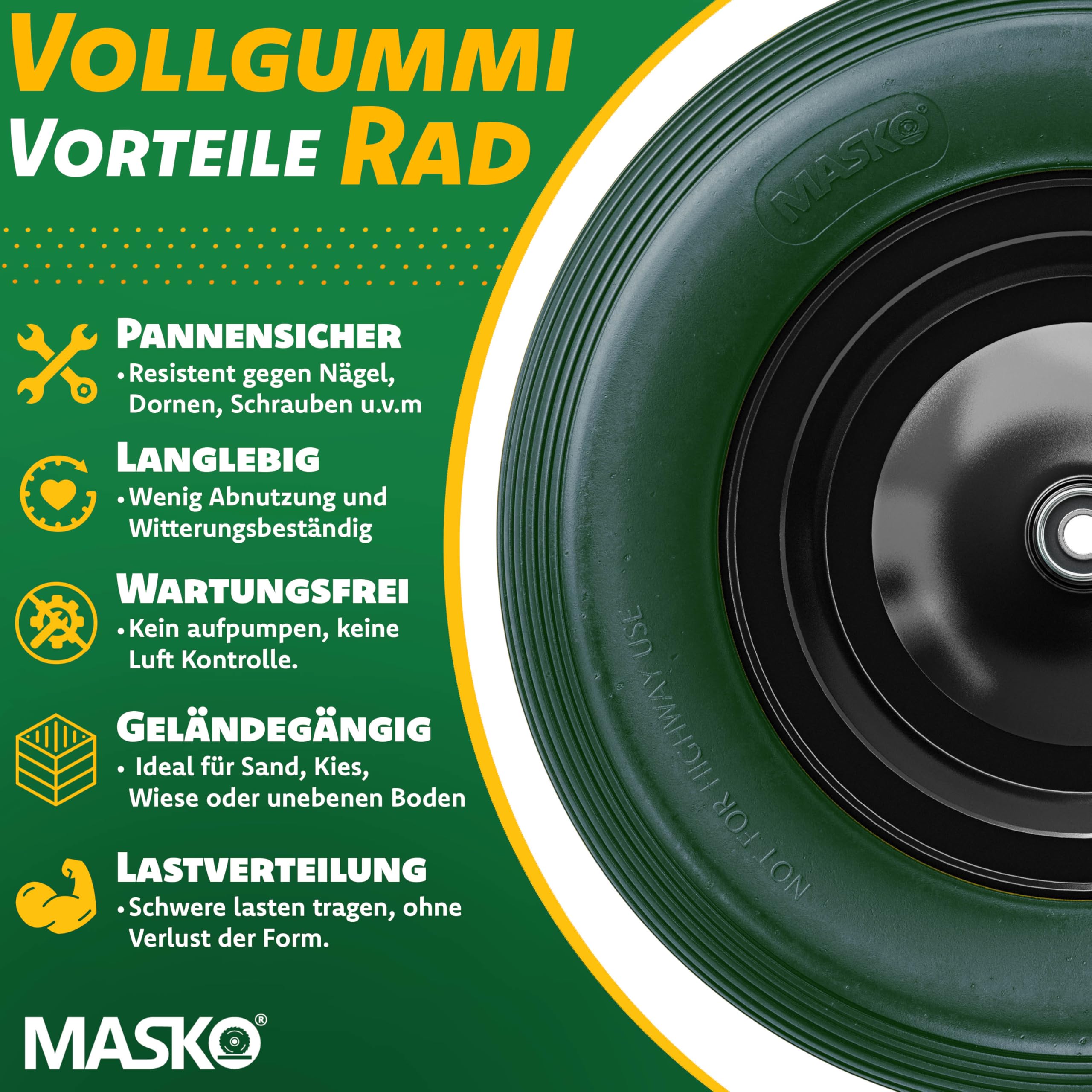MASKO Ruota per carriola in gomma PU, 200 kg, 4,80/4,00 – 8 Ø 390 mm, asse di ricambio, ruota in gomma, per carriola, carriola da giardino, ruote in poliuretano antiforatura, con guanti, verde scuro
