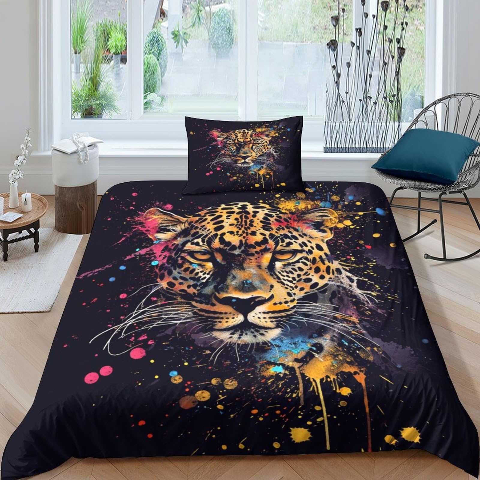 Parure de lit léopard 3D housse de couette microfibre 135x200 taie d'oreiller enfant fermeture éclair