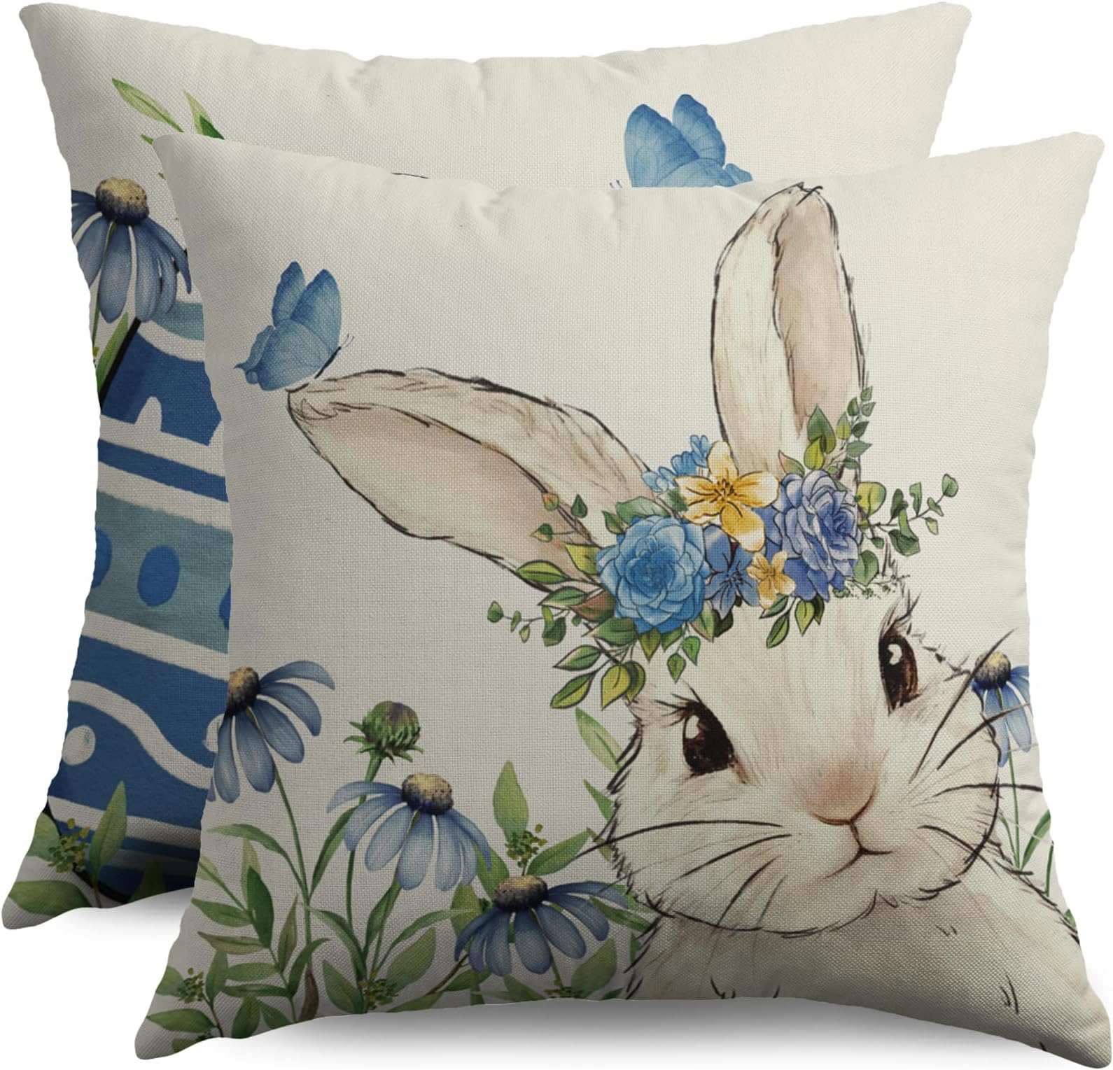 Spring Easter Pillow Covers 18X18 Set of 2, Bunny Rabbit Blue Floral Butterfly Easter Egg Holiday Decorative Throw Pillowcases Vintage Seasonal Outdoor Farmhouse Cushion Cases Couch Sofa Bed Decor