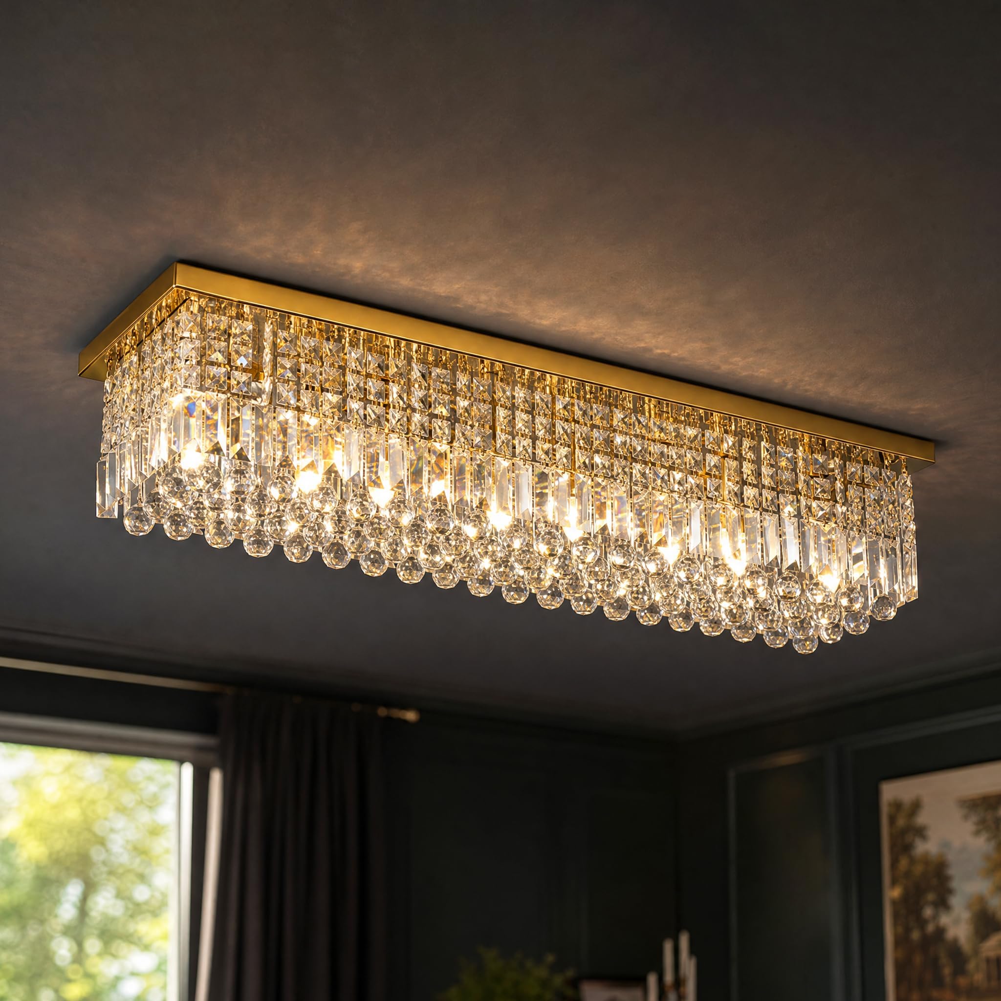 Rectangle Chandelier 8-Light Crystal Chandeliers, Modern Dining Room Light Fixture Luxury Gold Rectangular Flush Mount Chandelier Ceiling Light for Dining Room Living Room Kitchen Island Bar L40 Inch