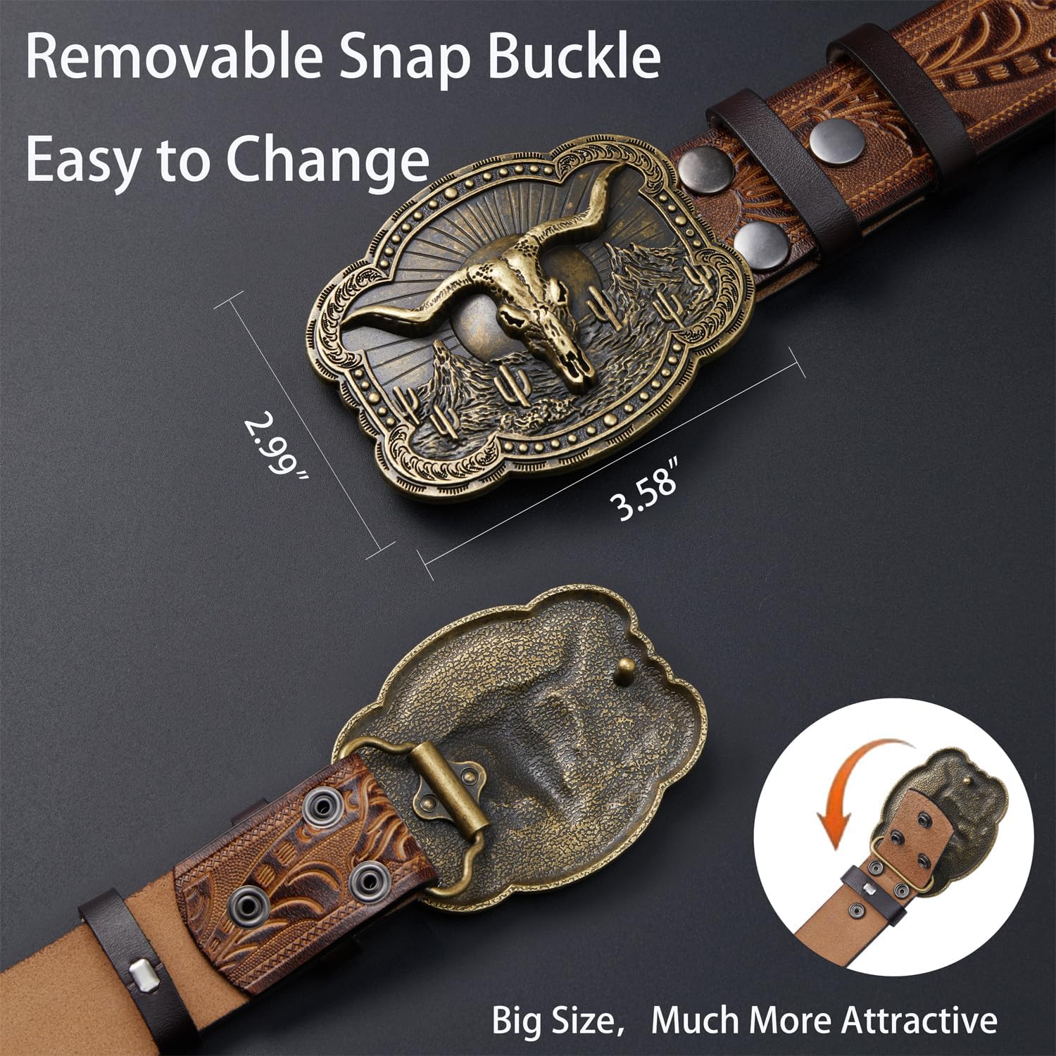 Men's Western Cowboy Belt Mens Engraved Buckle Leather Belts for Jeans - Image 4