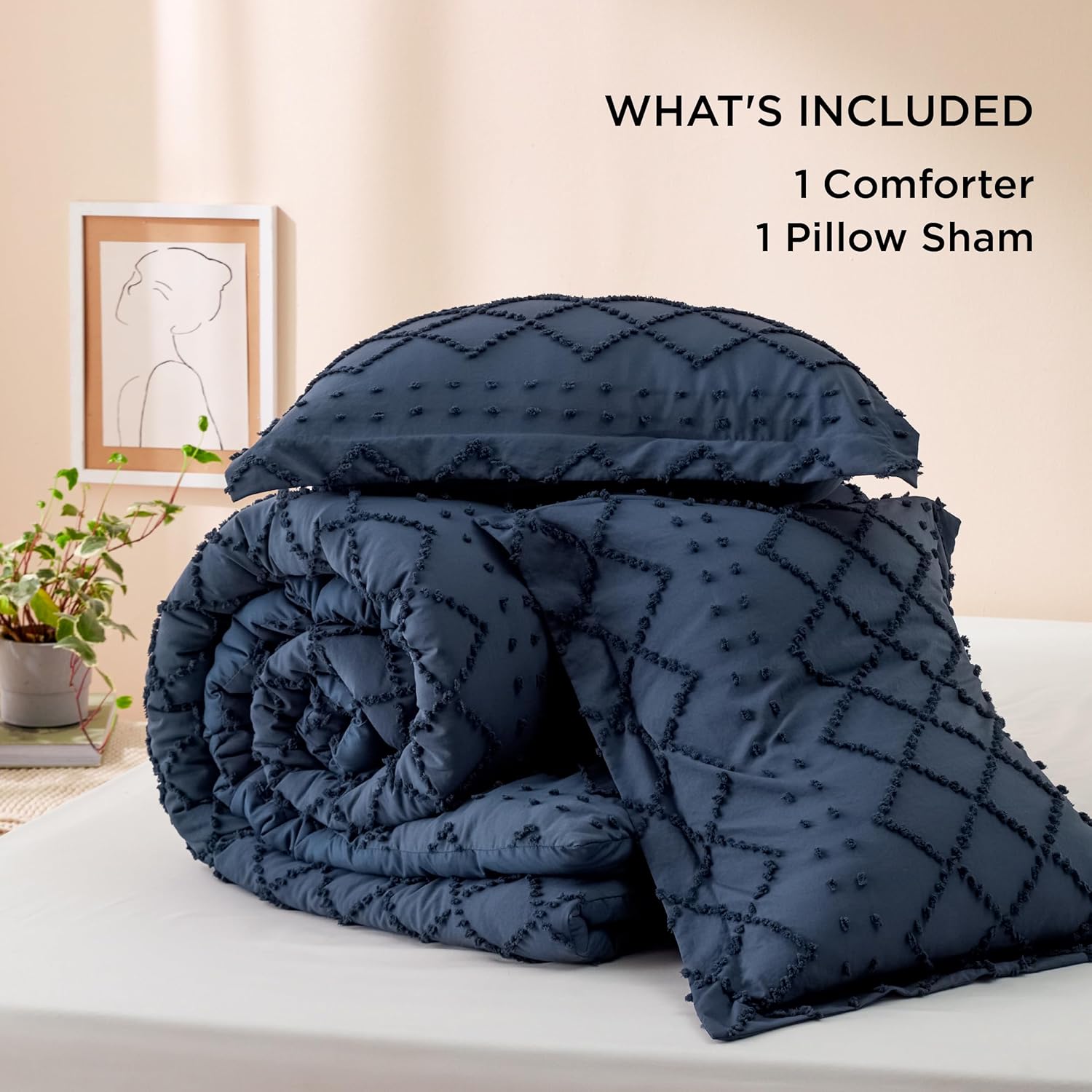 Bedsure Twin Comforter Set - Navy Blue Comforter, Boho Tufted Shabby Chic Bedding for Kids, 2 Pieces Vintage Farmhouse Bed Set for All Seasons, Fluffy Soft Bedding with 1 Pillow Sham - Image 6