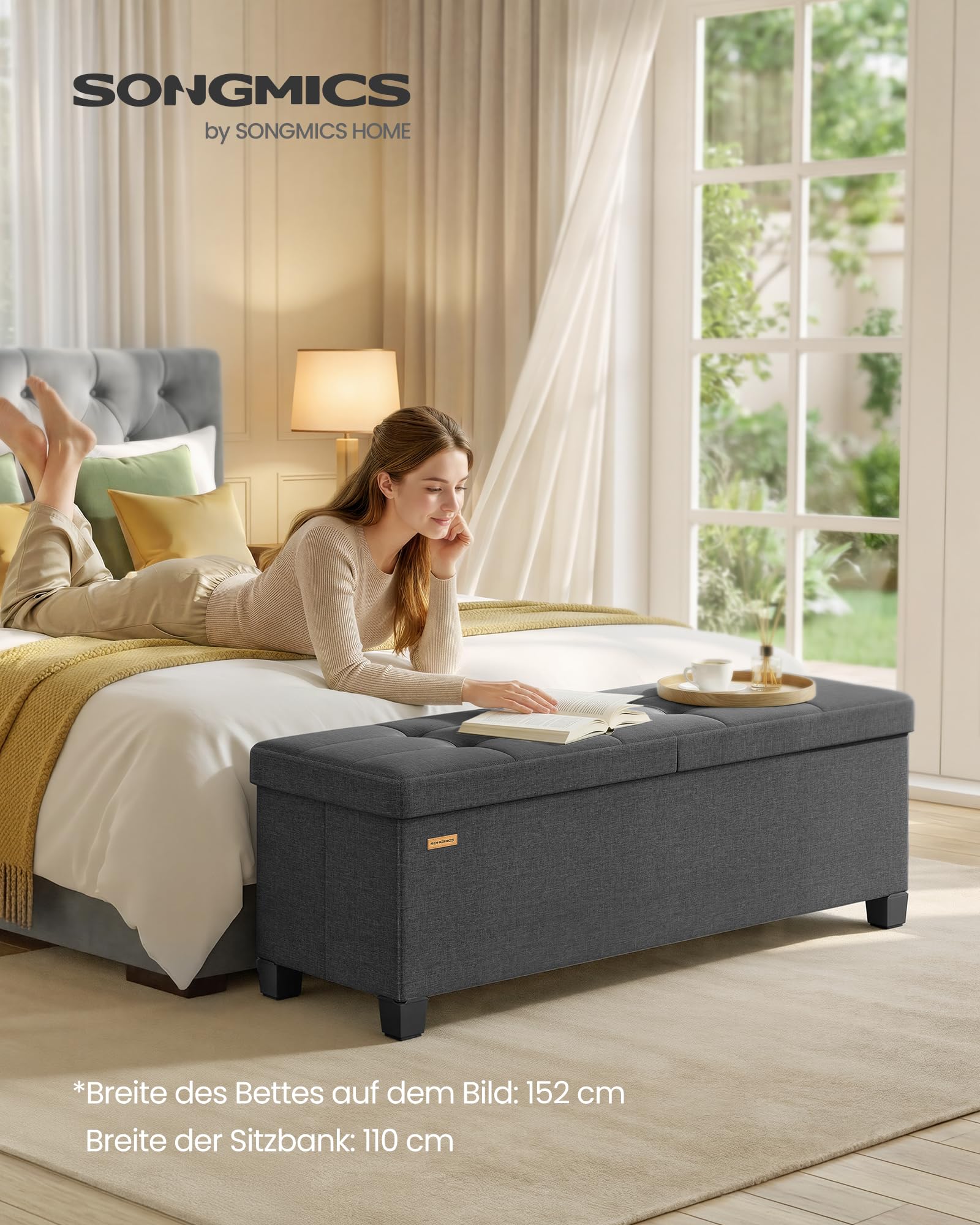 SONGMICS Sitzbank mit Aufbewahrung, mit Beinen, Aufbewahrungsbox, faltbar, mit klappbarem Deckel, Sitzbank, für Wohnzimmer, Schlafzimmer, Eingang, Stoff in Leinenoptik, 110 cm, Schiefergrau LSF079GN01