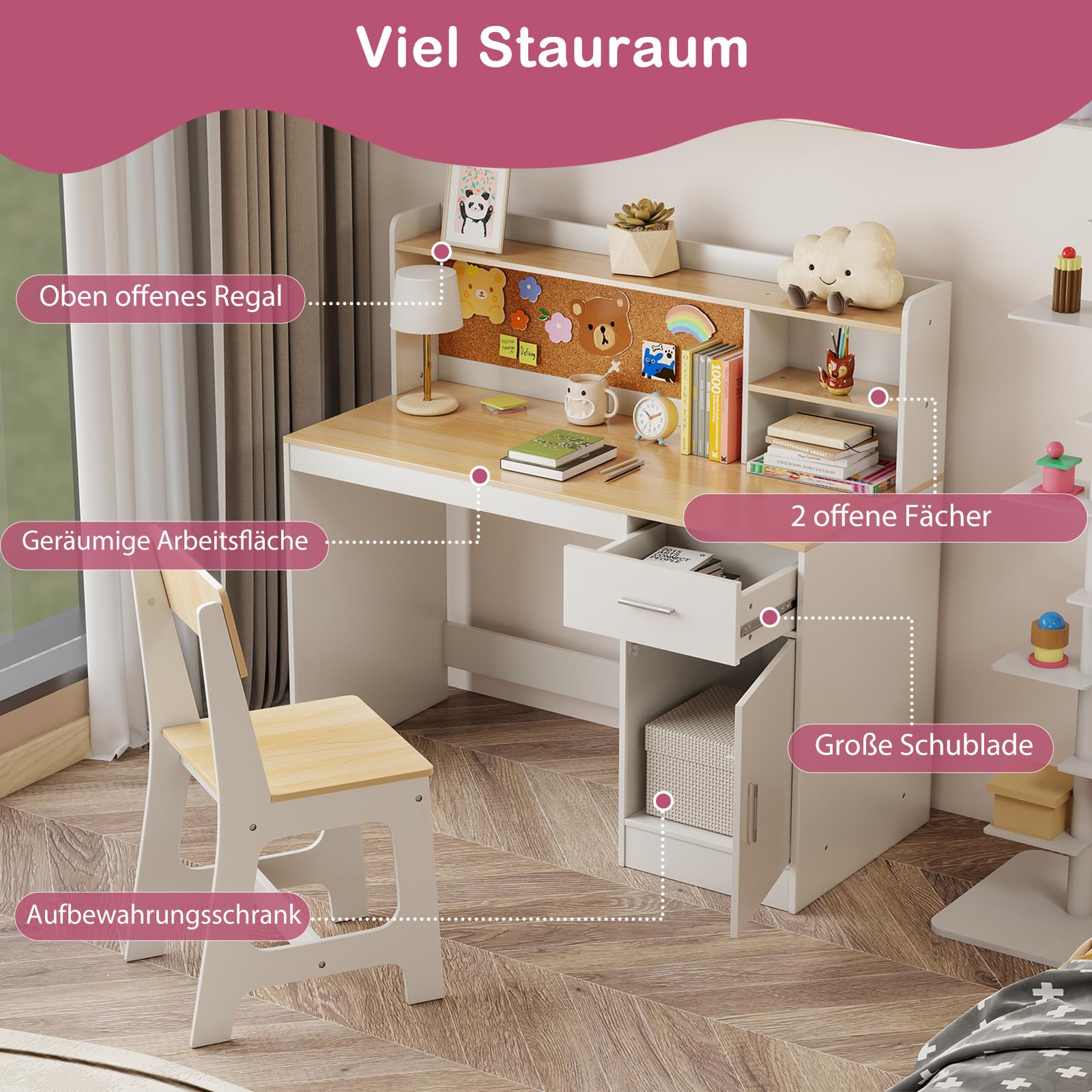 COSTWAY Kinderschreibtsich mit Stuhl, Schreibtisch Kinder aus Holz mit Regalen, Schubladen & Schrank, Jugendschreibtisch für Kinderzimmer, Lerntisch für Jungen, Mädchen ab 3 Jahren (Natur)