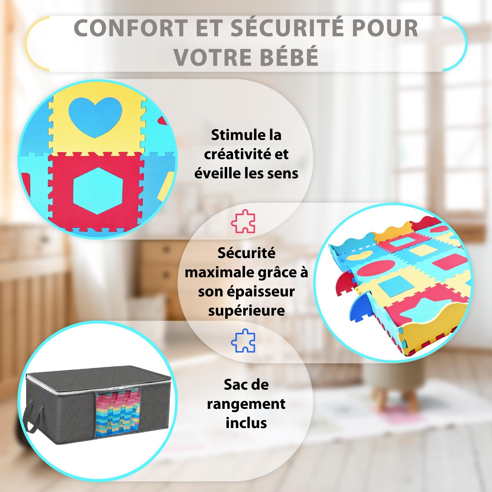 Tapis Puzzle Bébé Mousse EVA 140x140 cm – Tapis d'Éveil Sol Épais 1,2 cm avec 36 Dalles Intercambiables, Bordures et Sac de Rangement | Dalle Mousse Bébé Antidérapante