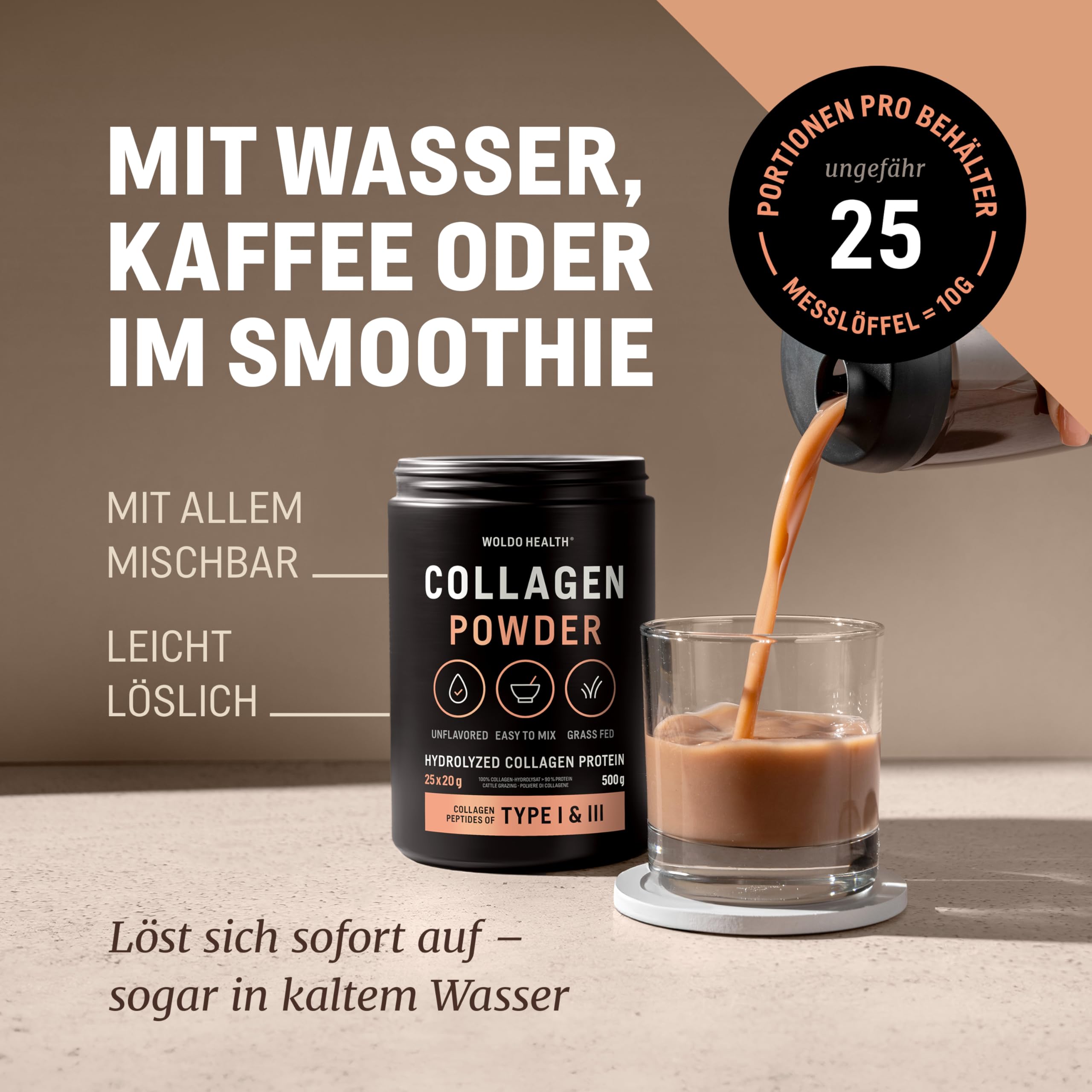 WoldoHealth Kollagen Pulver 500g Typ I & III - Hydrolysiertes Collagen Protein Peptide, Rinderkollagen aus Weidehaltung, Geschmacksneutral & Leicht Löslich, Ohne Zusatzstoffe | Leicht löslich in Kaffee, Tee, Shakes und Smoothies, 25 Portionen