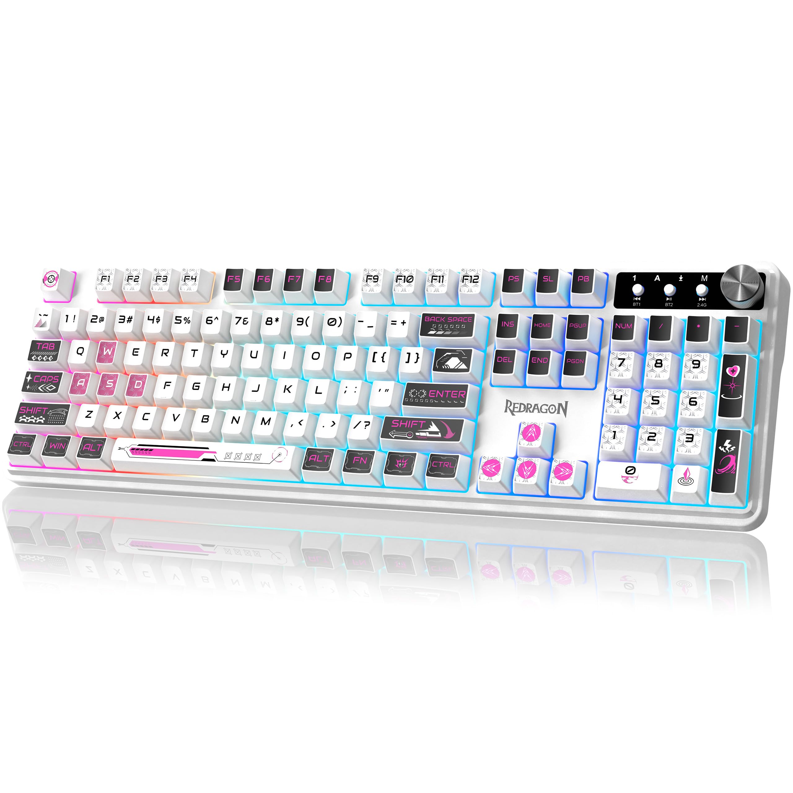 Redragon RM104 Wireless Gaming Keyboard with Knob, Tri-Mode BT/2.4G/USB-C RGB Computer Keyboards, 4000mAh Battery, Programmable Software Support, Anti-Ghosting, Compatible with PC Mac - Pink & White