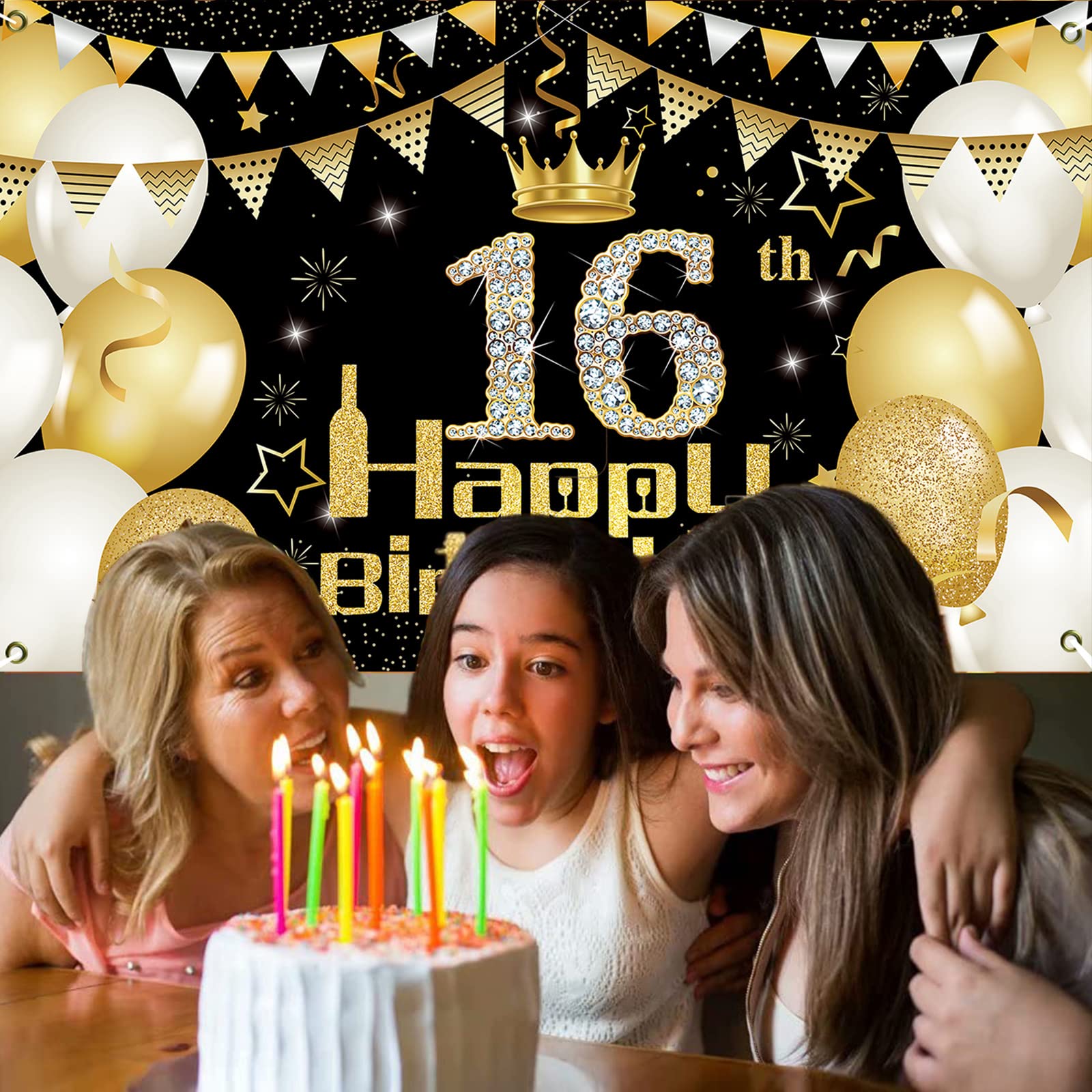 16° Compleanno, Decorazione Per Festa Di Compleanno, Colore Nero E Oro, 16° Compleanno, Scritta Alles Gute Zum Birthday, Festeggia Su 16 Anni, Segno