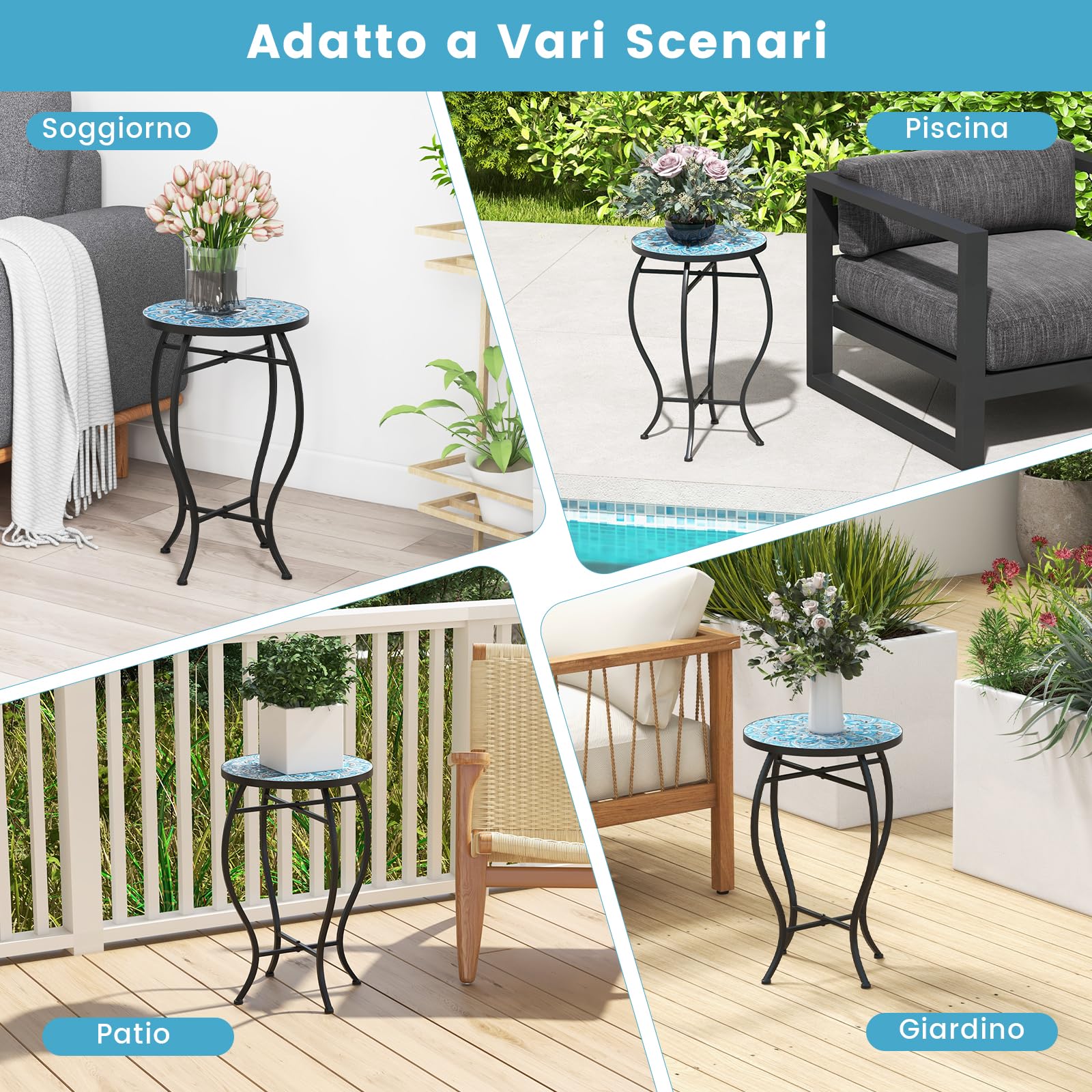 COSTWAY Tavolino Porta Fiori con Piastrelle di Ceramica e Gambe in Metallo | Tavolino Porta Piante da Esterno ed Interno per Balcone, Giardino e Salotto