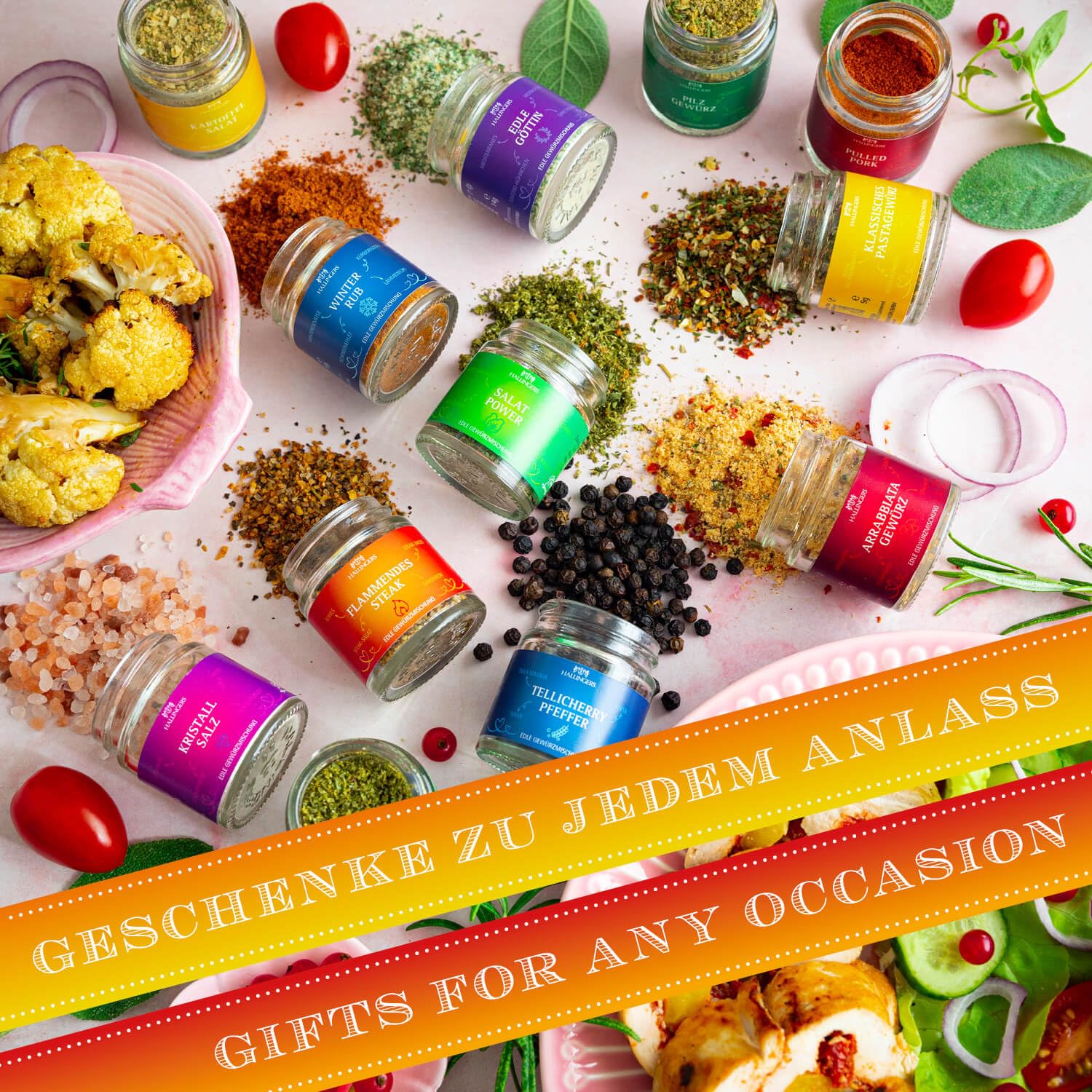 Hallingers Genuss Manufaktur Gewürz Geschenk-Set - 24 Gewürze aus aller Welt in wertiger Geschenkbox mit Rezept-Booklet "Entschuldigung", Geschenkidee für Frauen Männer