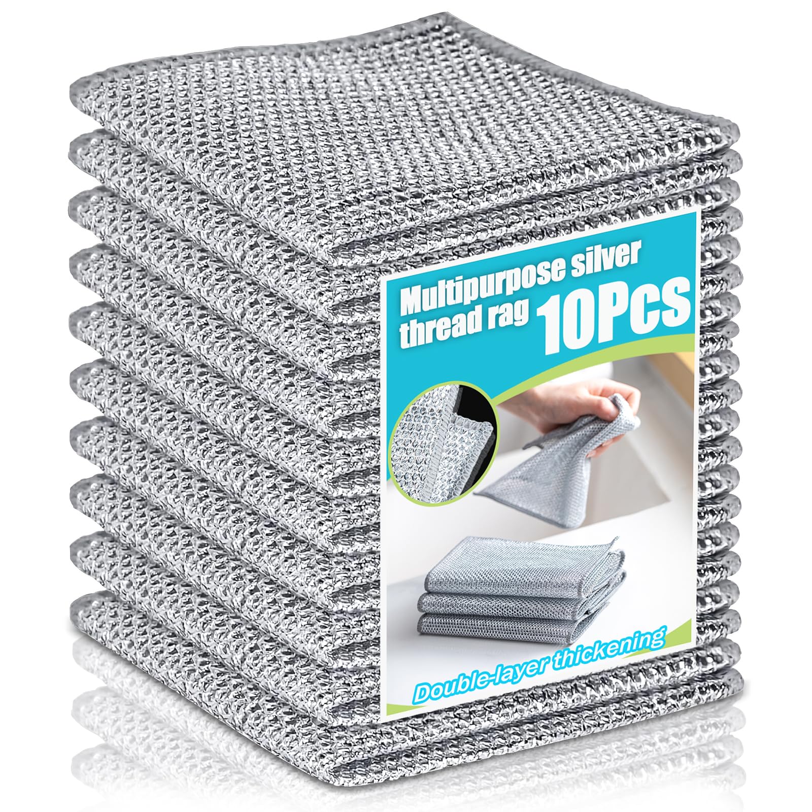 Baiyouli Silver Mesh Dish Cloths 10Pcs, Double Layer Non-Scratch Wire Mesh Cleaning Cloths for Kitchen, Sinks, Dishes & Stoves, Reusable Stainless Steel Metal Cleaning Cloths, 7.8x7.8 Inches