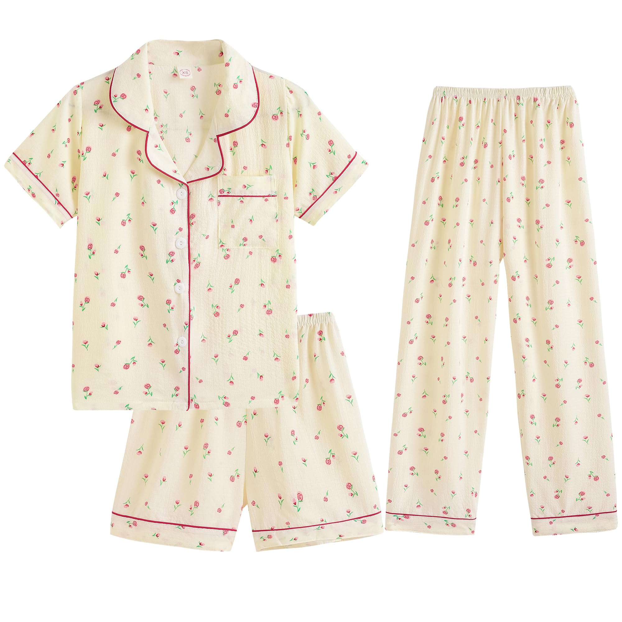 Hupohoi Big Girls Button Down Pajama Set 3pcs Crepe Fabric Sleepwear Nighty