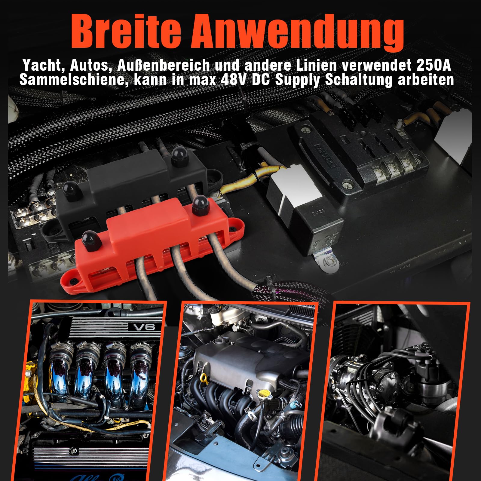 Sammelschiene 12V, 2 Stück 12V-48V DC Sammelschienen Verteilerblock, 250A Busbar M8 x 4 Bolzen Anschlussblock Automotive Marine Sammelschiene Block 12V mit Deckel für Auto RV Boat Yacht