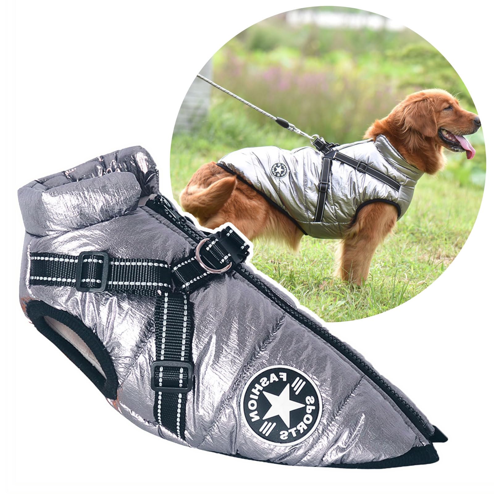 2 in 1 Large Dog Winter Coat Harness, Outdoor Warm Large Dog Jacket, Cold Weather Padded Dog Vest Apparel Clothes for Large Dogs, (Silver)