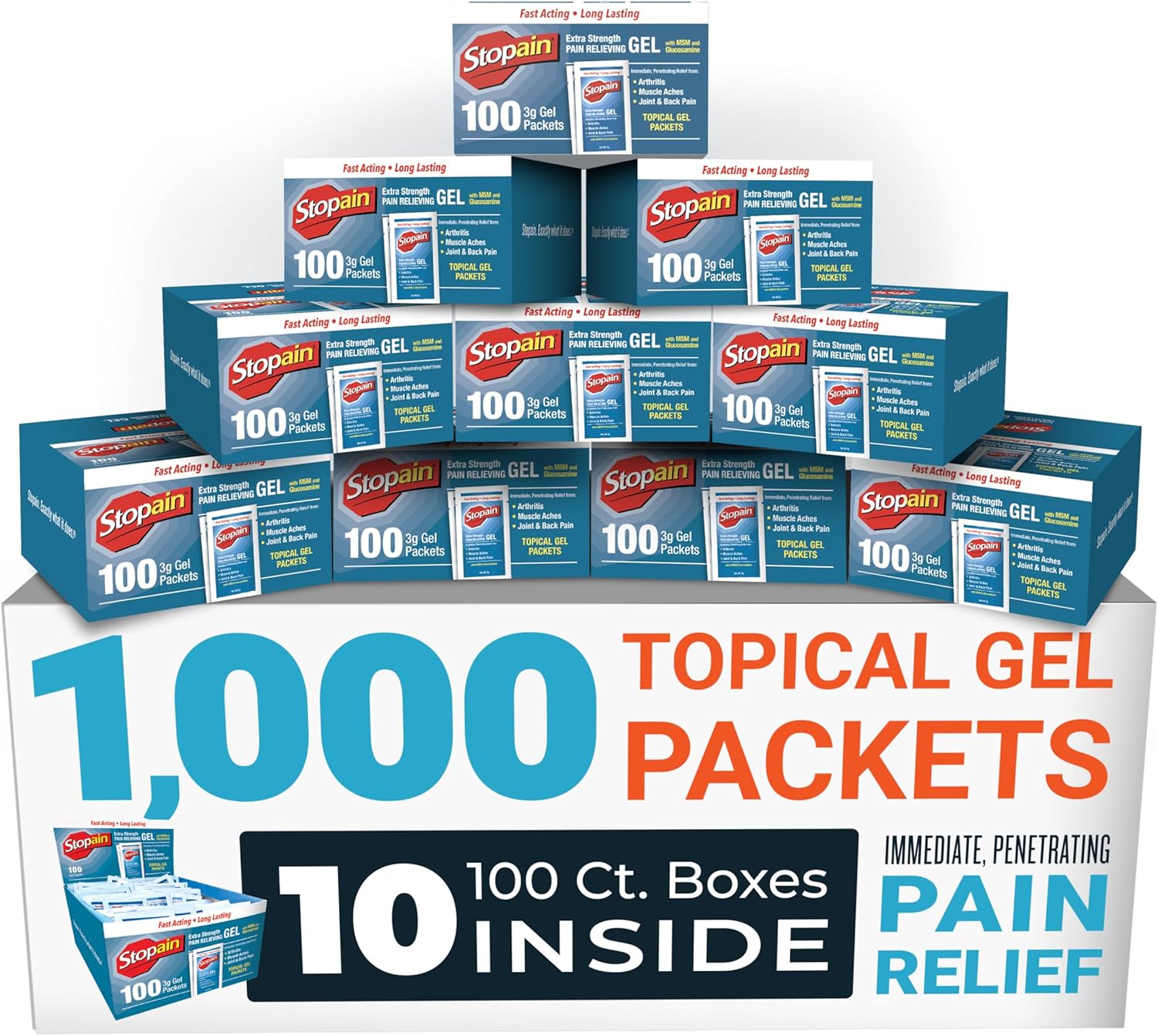 Stopain Pain Relief 3g Gel Packets, 100ct, 8% Menthol, Topical Pain Relief, Knee Pain Relief, Back Pain Relief, and Arthritis Pain Relief, Perfect for Workplace First Aid Cabinets, Made in USA
