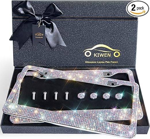 Bling License Plate Frames with High End Ribbon Gift Box,2 Pack Rhinestone License Plate Frame,Handcrafted Crystal Premium Stainless Steel Bling License Plate Frame for Women,Birthday