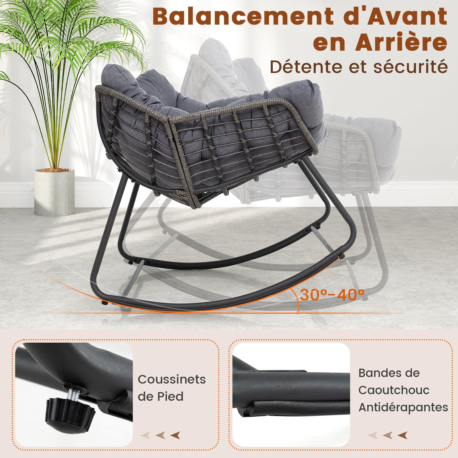 COSTWAY Fauteuil a Bascule Exterieur Interieur, Rocking Chair en Rotin PE, Coussin Épais Amovible, Bande Antidérapante, Fauteuil Œuf pour Balcon Porche Salon, Charge 150 kg, 98 × 98 × 87 cm (Gris)