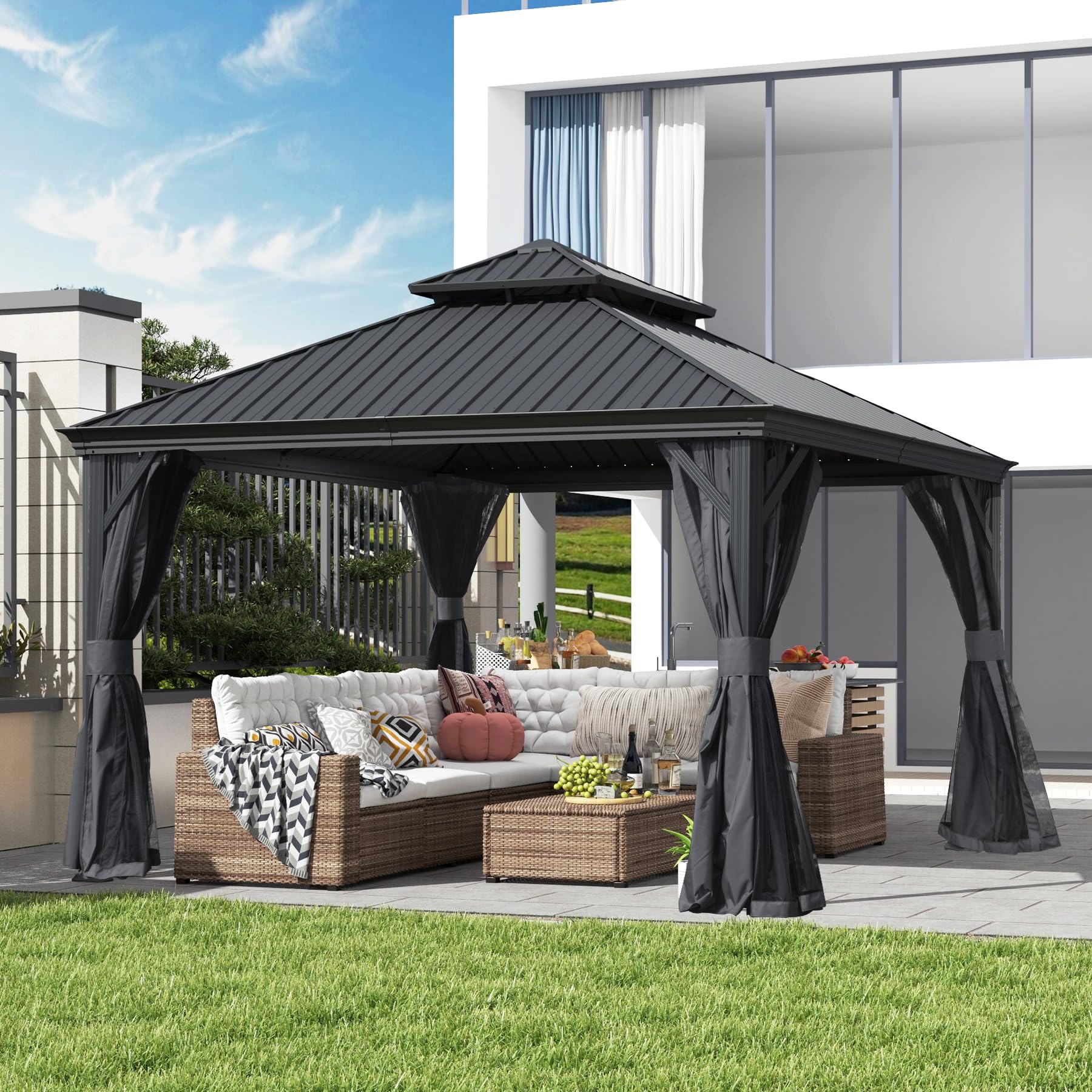 SHPAI 12’ x 12’ Hardtop Gazebo, Outdoor Aluminum Gazebo with Galvanized Steel Double Roof Canopy, Outdoor Permanent Metal Pavilion with Curtains and