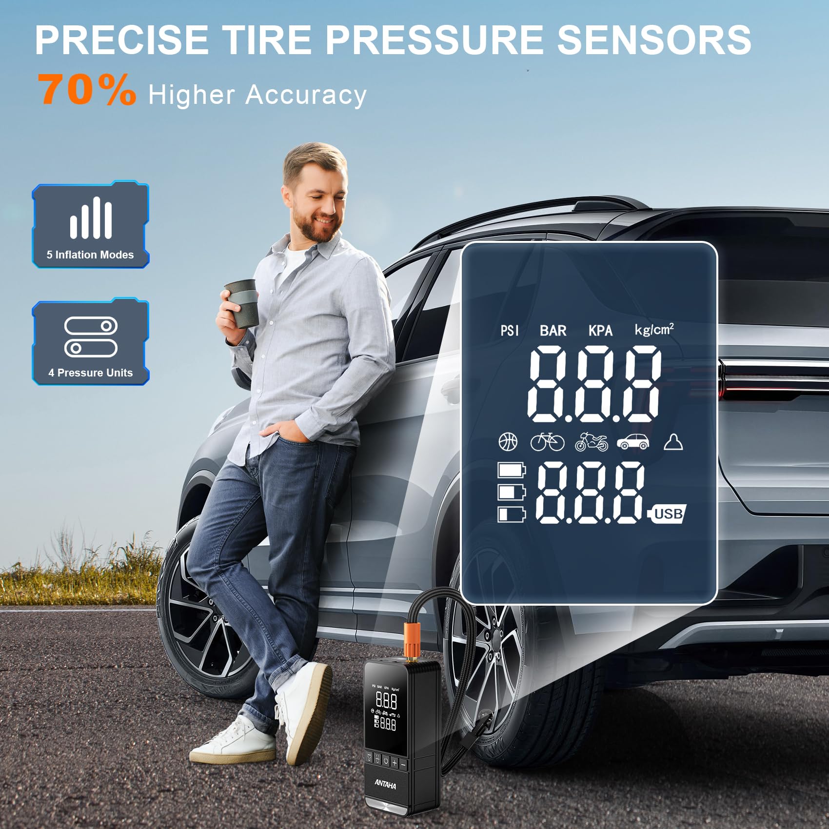 Compresor de aire portátil para neumáticos, bomba de aire inteligente de 150 PSI para neumáticos de automóvil con medidor de presión digital, bomba de neumáticos para automóviles