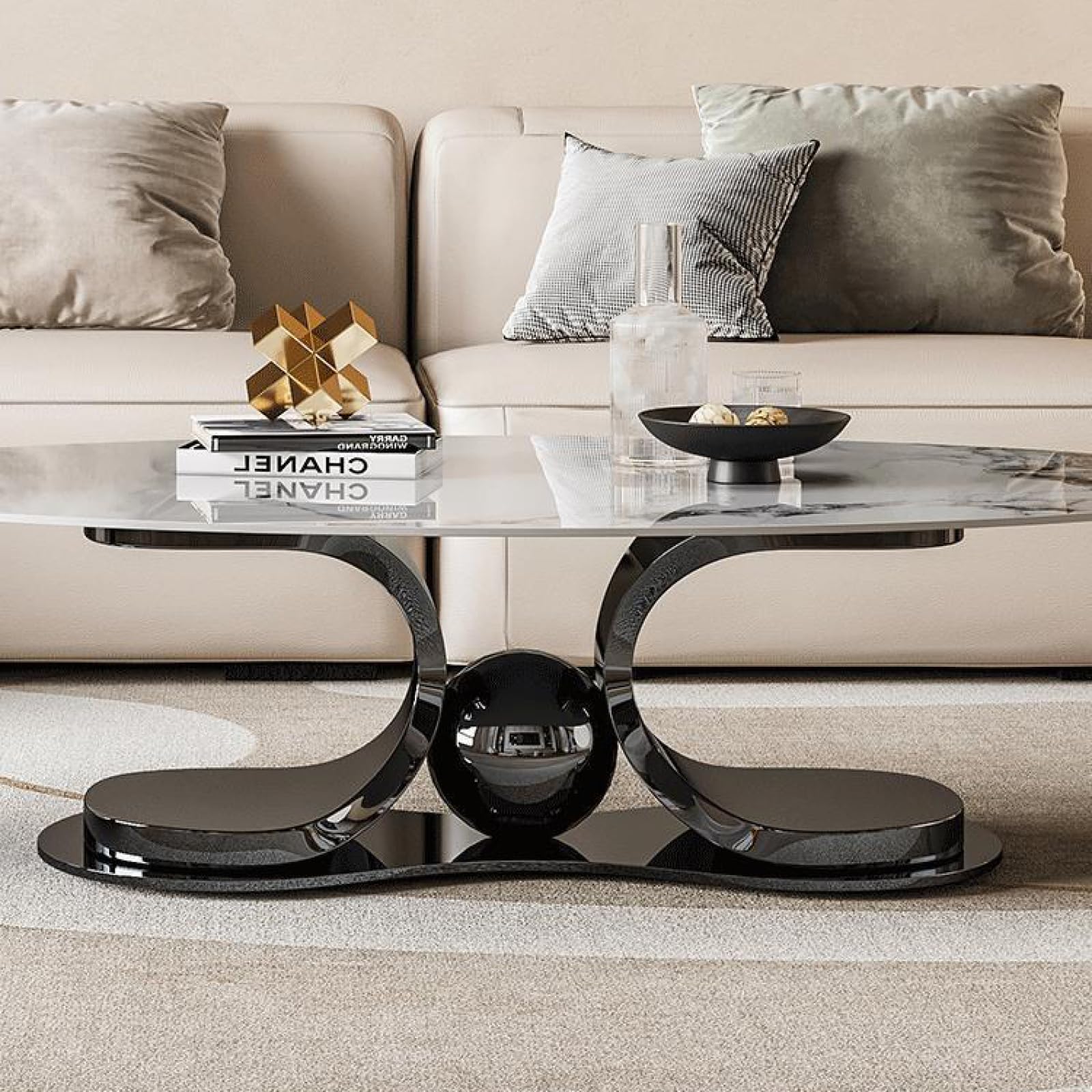 Table basse, design de luxe avec support en métal noir et plateau en pierre blanche, support solide, facile à nettoyer, style unique