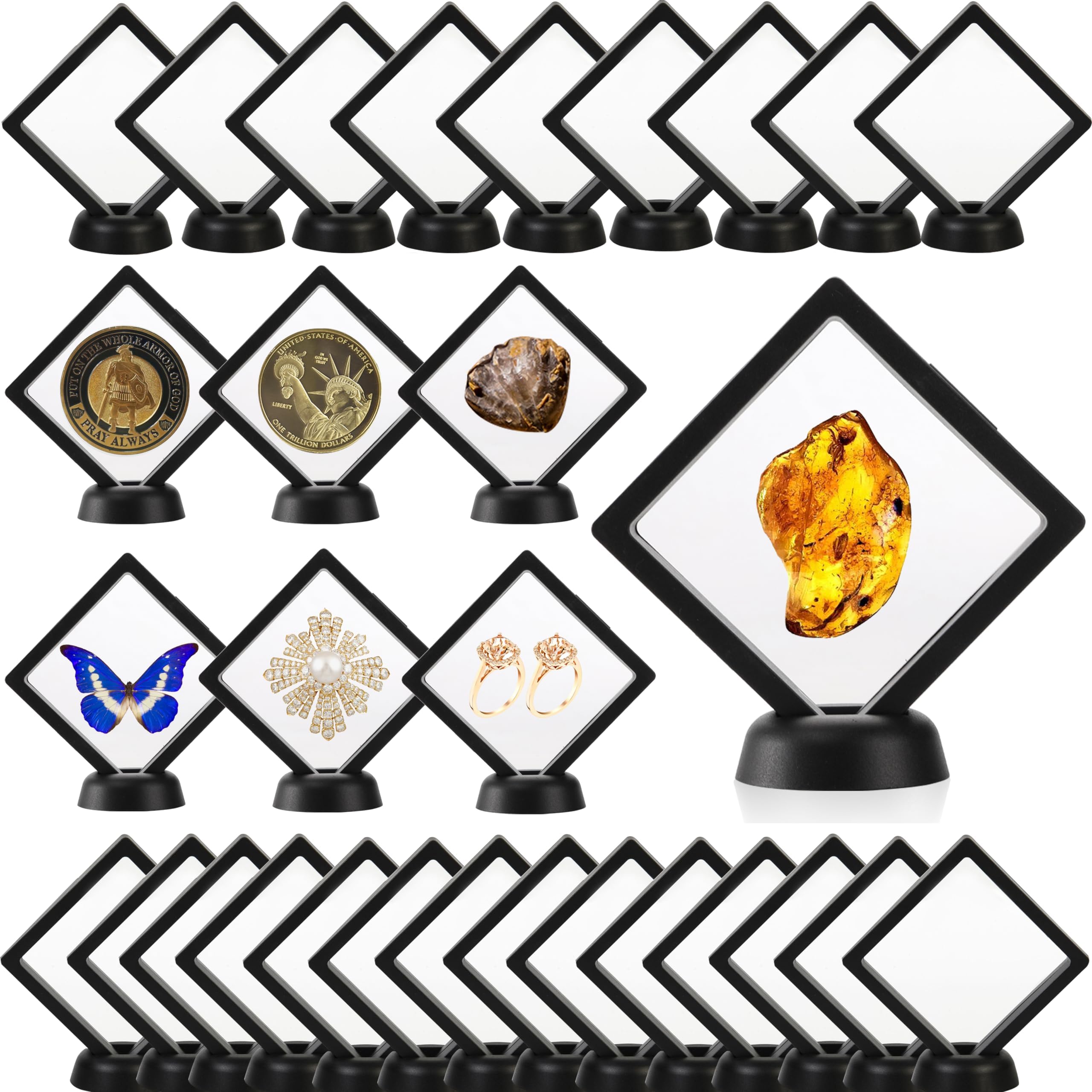 Dicunoy 30 PCS Coin Display Case Holder, 3D Floating Frame, Fossil Display Case, Black Display Frame for Antique Challenge Coins, AA Medallion, Jewelry, Shells, Fossils, Gems, Minerals, 9 x 9 x 2cm