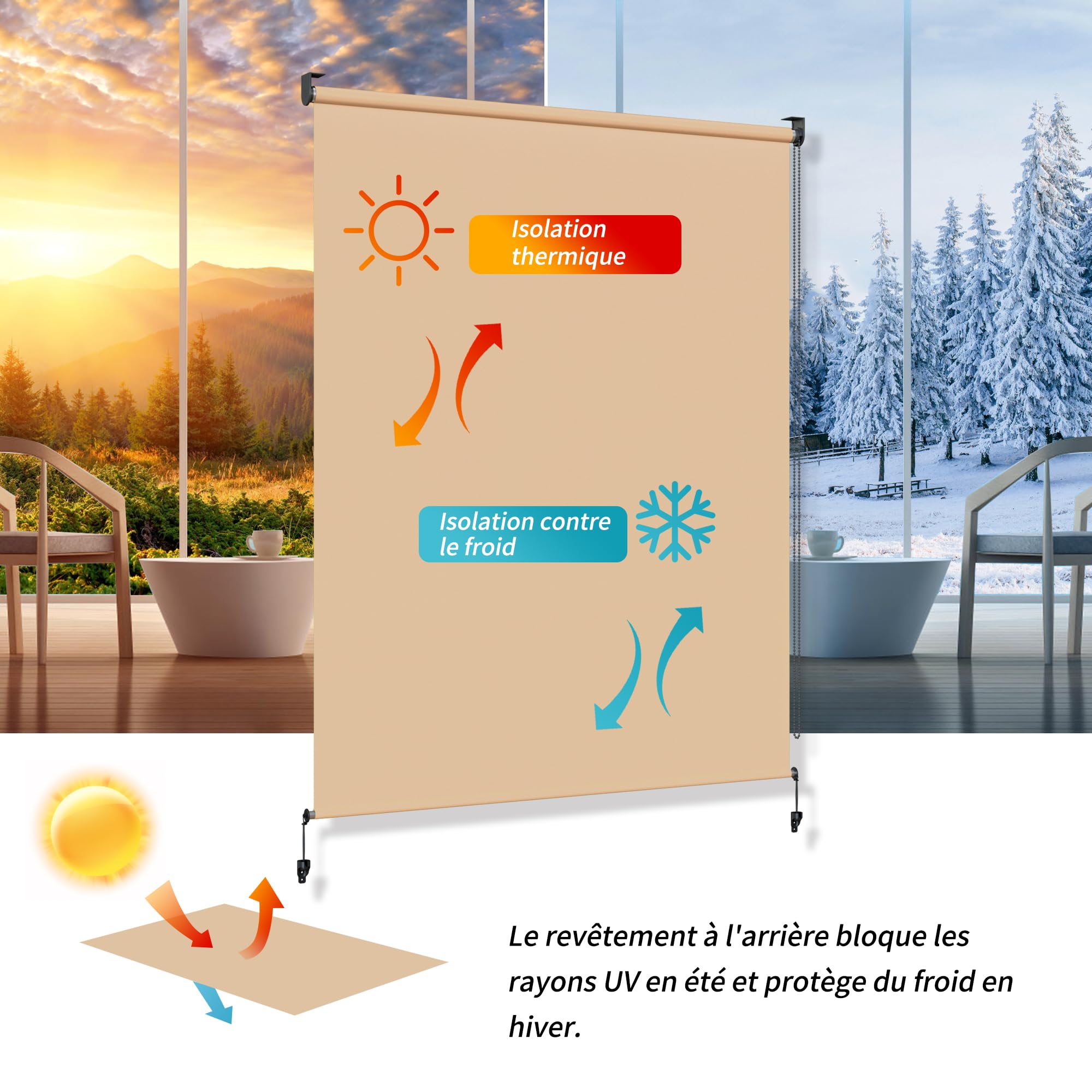 HOMEDEMO Store Enrouleur Exterieur Vertical de Balcon, 220 g/m² pour Une Bonne résistance, Khaki,160l x 160L cm, Protection Contre Les UV 50+